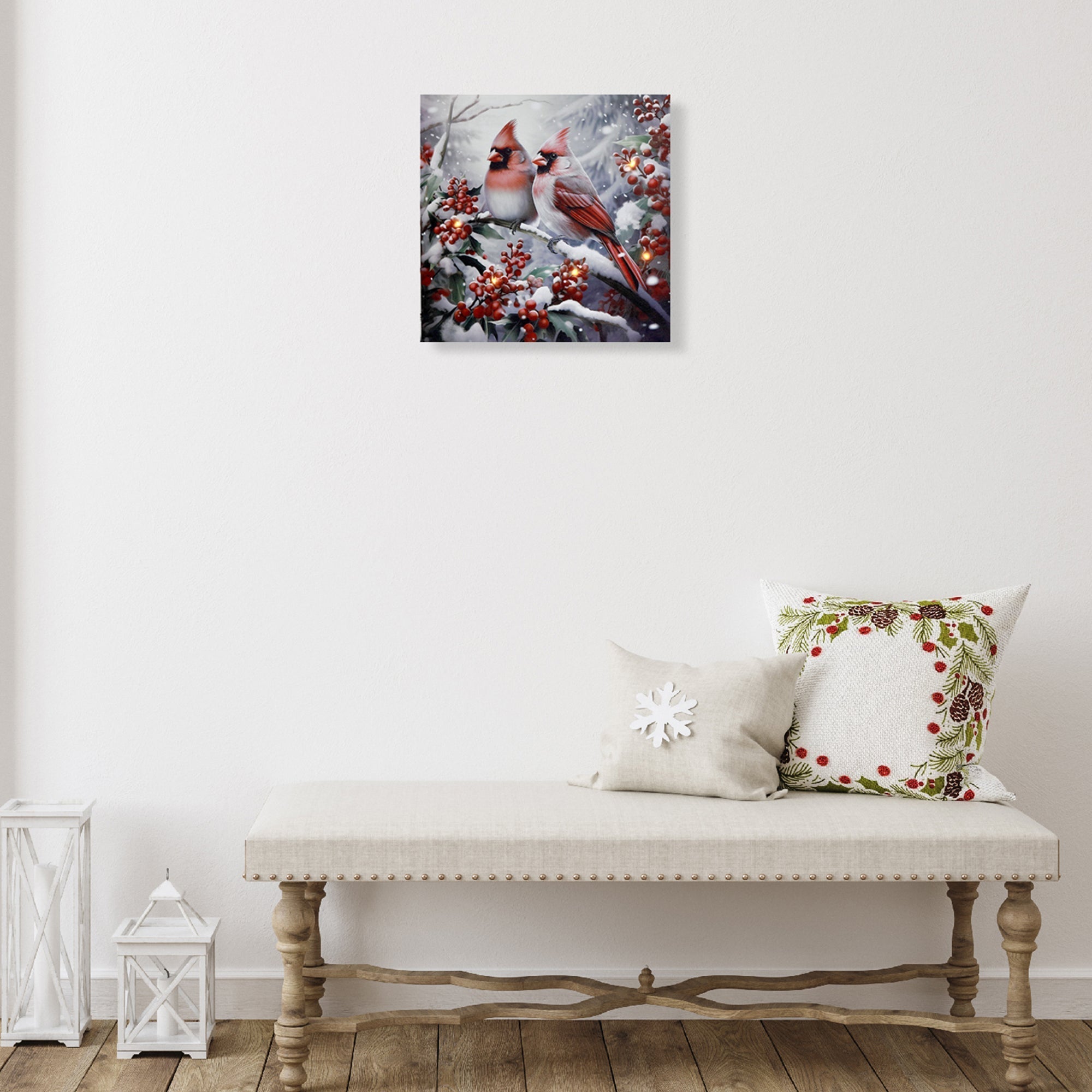 LED Canvas Wall Art with Timer Cardinal with Berries – Christmas Wall Decor, Holiday Birds Artwork, Illuminated Seasonal Canvas, Festive Home Decoration