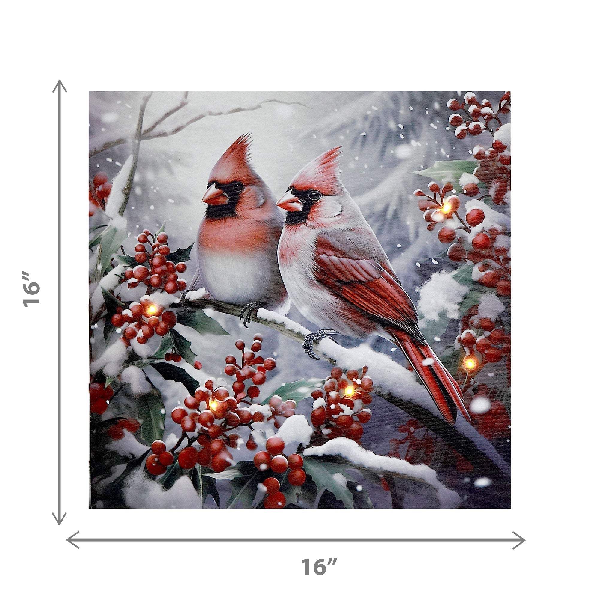 LED Canvas Wall Art with Timer Cardinal with Berries – Christmas Wall Decor, Holiday Birds Artwork, Illuminated Seasonal Canvas, Festive Home Decoration
