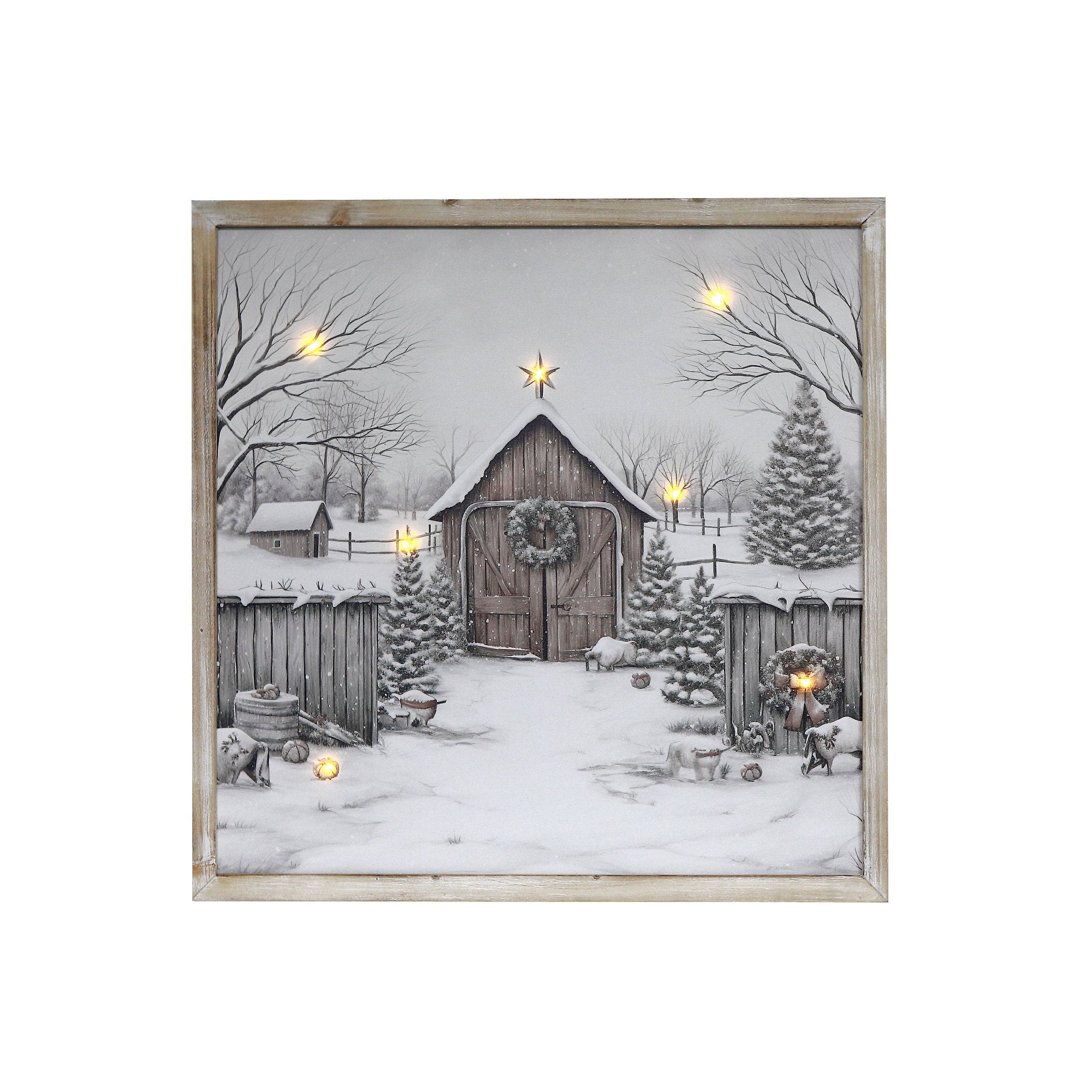 LED Framed Wall Art Country Barn – Christmas Wall Decoration, Holiday Winter Scene, Illuminated Rustic Artwork, Festive Home Decor