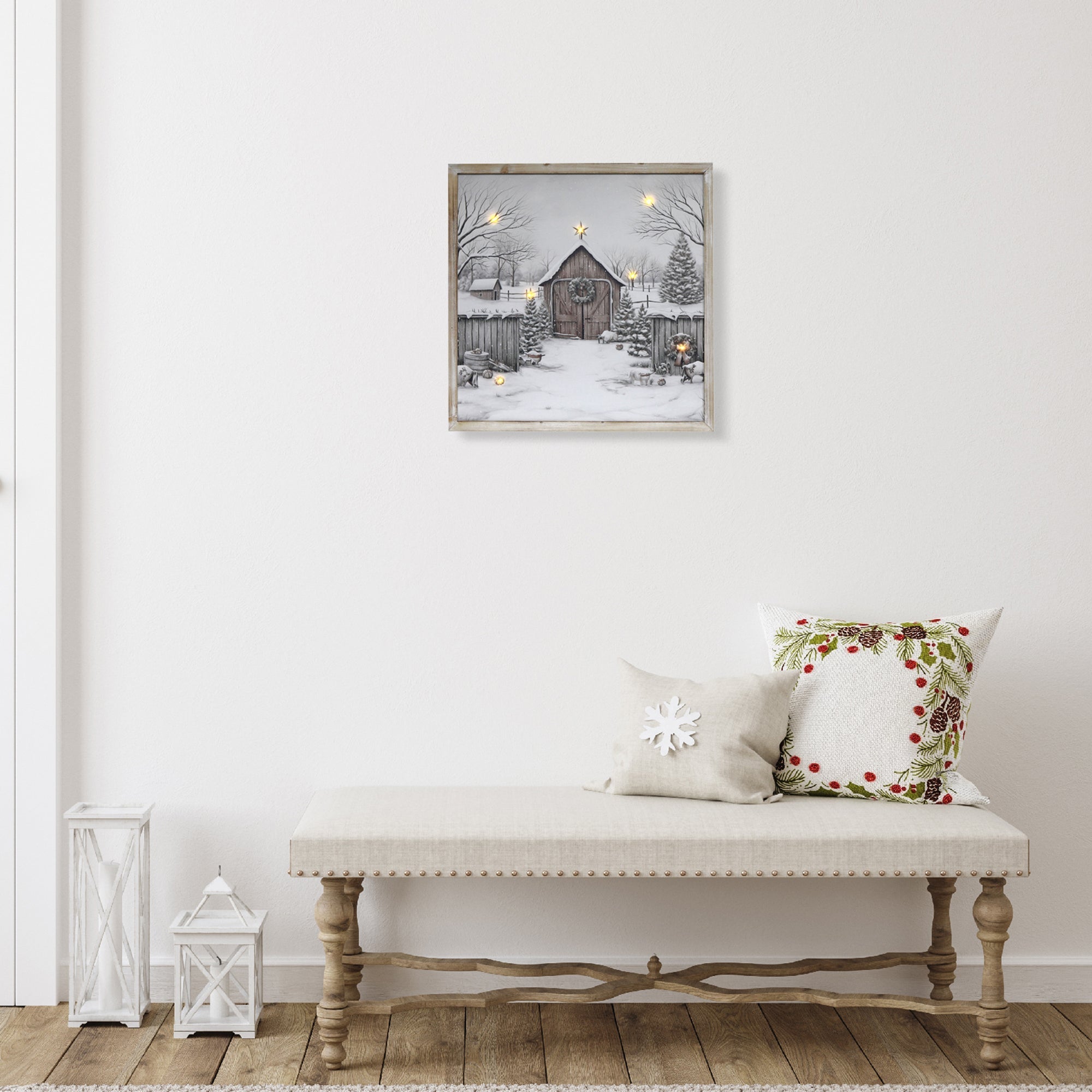 LED Framed Wall Art Country Barn – Christmas Wall Decoration, Holiday Winter Scene, Illuminated Rustic Artwork, Festive Home Decor