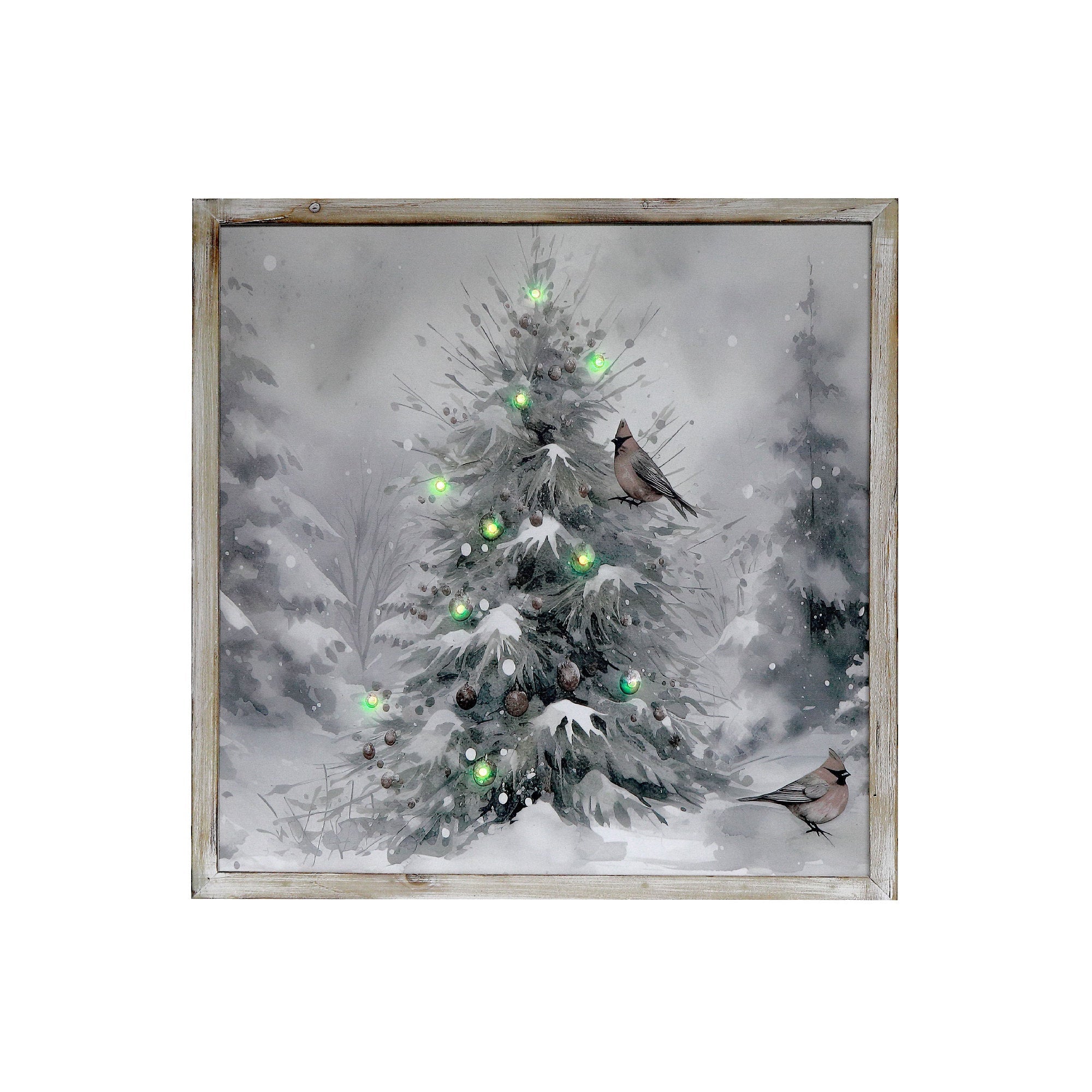 LED Framed Wall Art Snow Pine Tree with Birds – Christmas Wall Decor, Holiday Winter Canvas, Illuminated Nature Artwork, Festive Home Decoration
