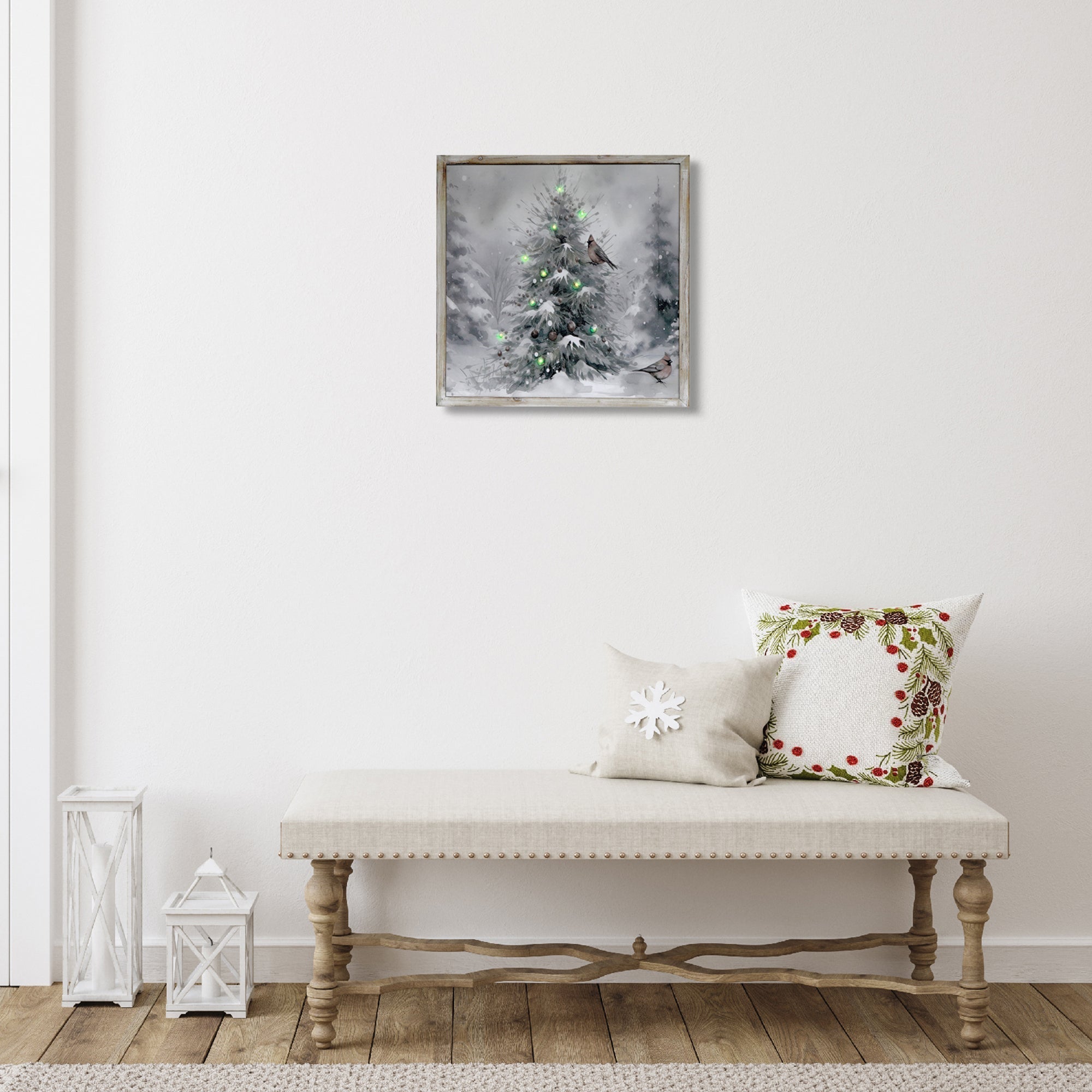 LED Framed Wall Art Snow Pine Tree with Birds – Christmas Wall Decor, Holiday Winter Canvas, Illuminated Nature Artwork, Festive Home Decoration