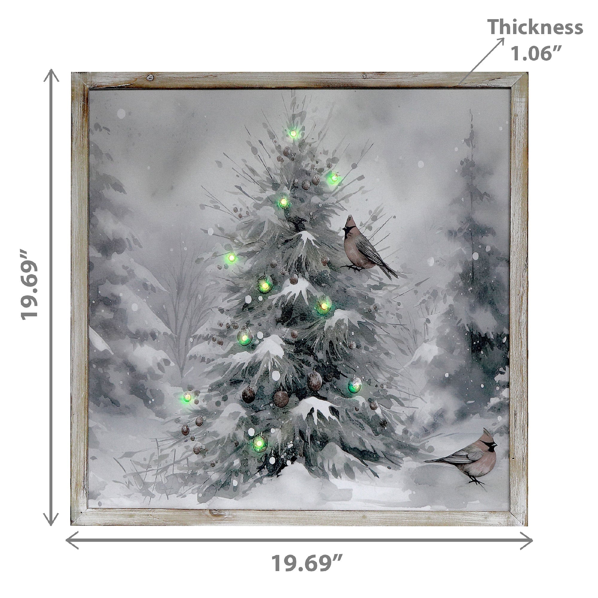 LED Framed Wall Art Snow Pine Tree with Birds – Christmas Wall Decor, Holiday Winter Canvas, Illuminated Nature Artwork, Festive Home Decoration