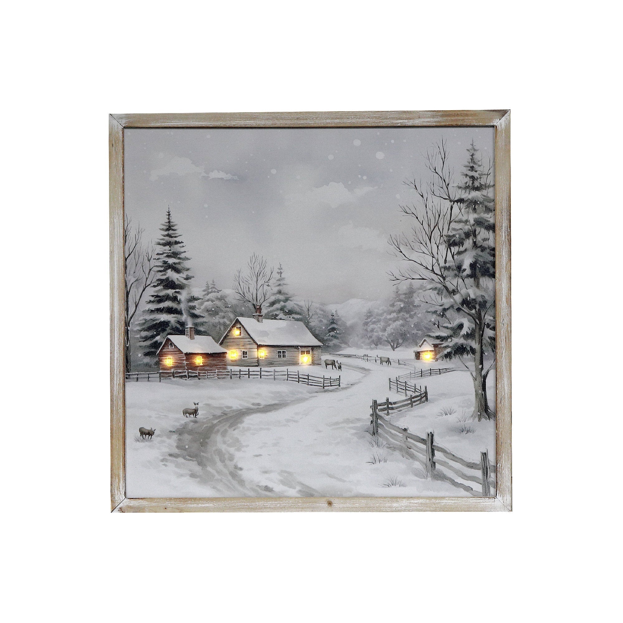 LED Framed Wall Art Country Road – Christmas Wall Decor, Holiday Canvas Artwork, Illuminated Winter Scene, Rustic Seasonal Home Decoration
