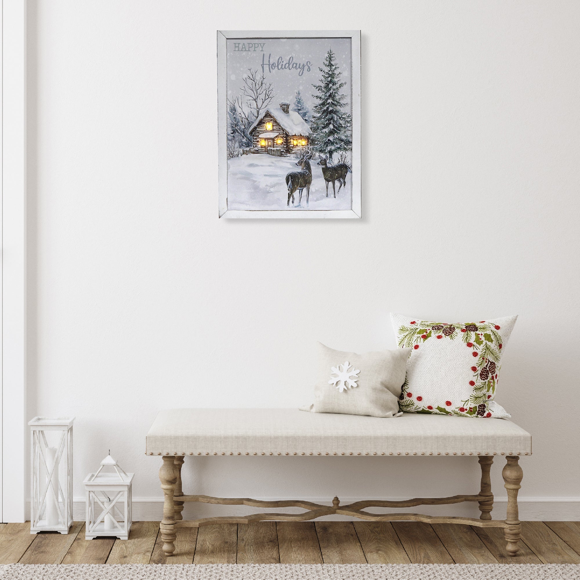 LED Framed Wall Art Deer and Cottage – Christmas Canvas Wall Decor, Illuminated Winter Scene, Holiday Home Decoration, LED Artwork
