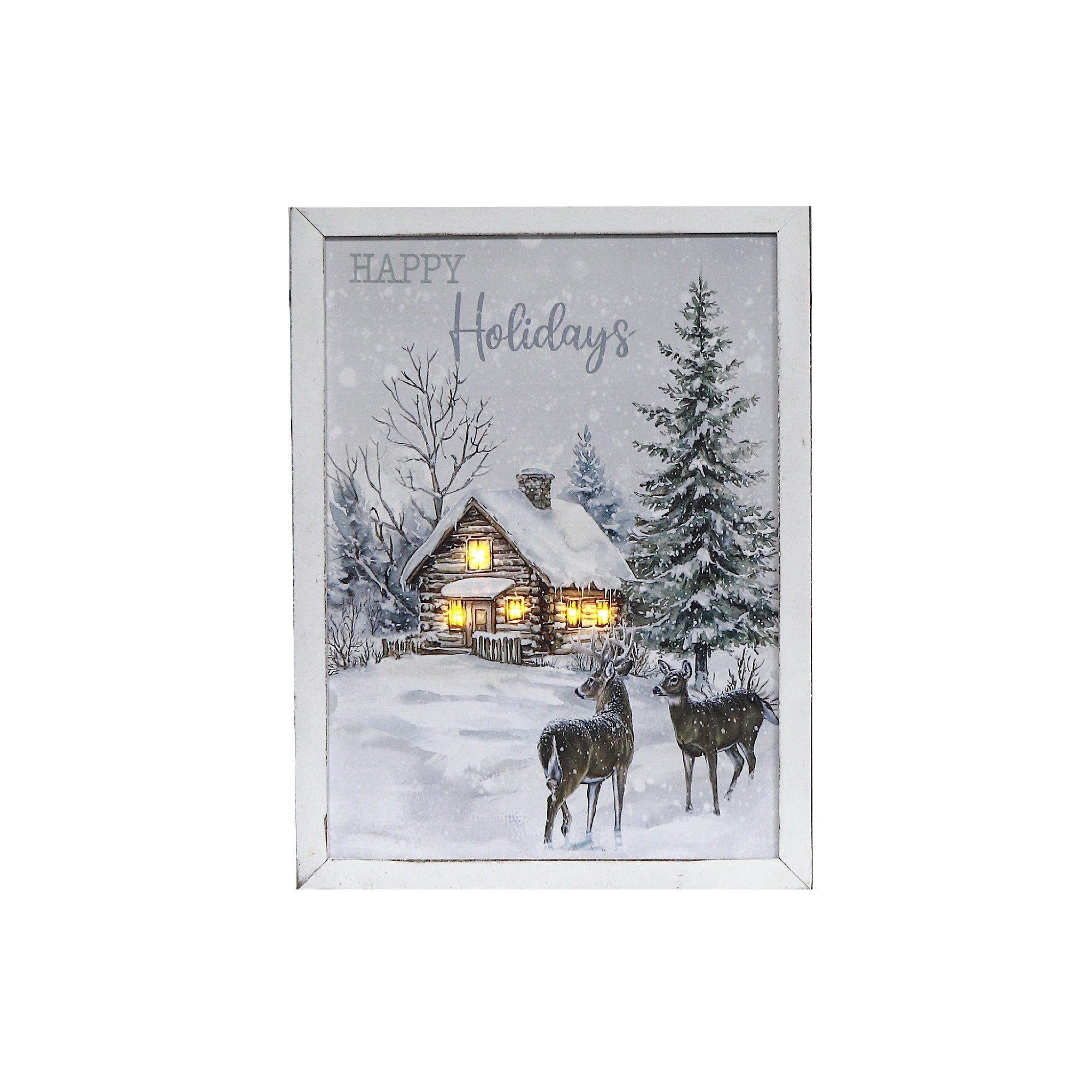 LED Framed Wall Art Deer and Cottage – Christmas Canvas Wall Decor, Illuminated Winter Scene, Holiday Home Decoration, LED Artwork