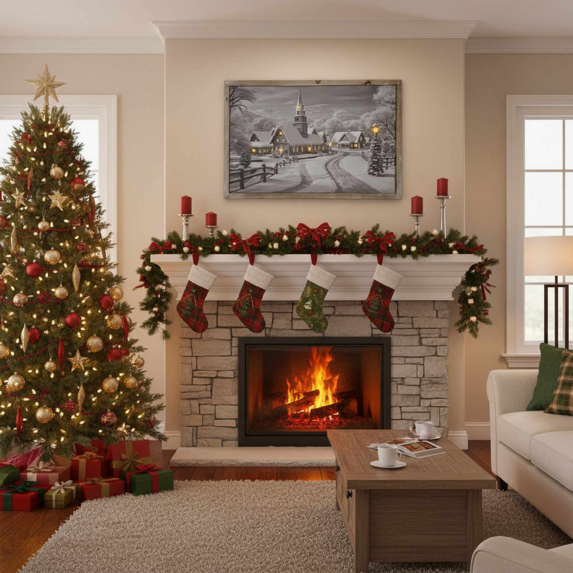 LED Framed Wall Art Snowy Village, Winter, Wall Decor, Holiday Decor