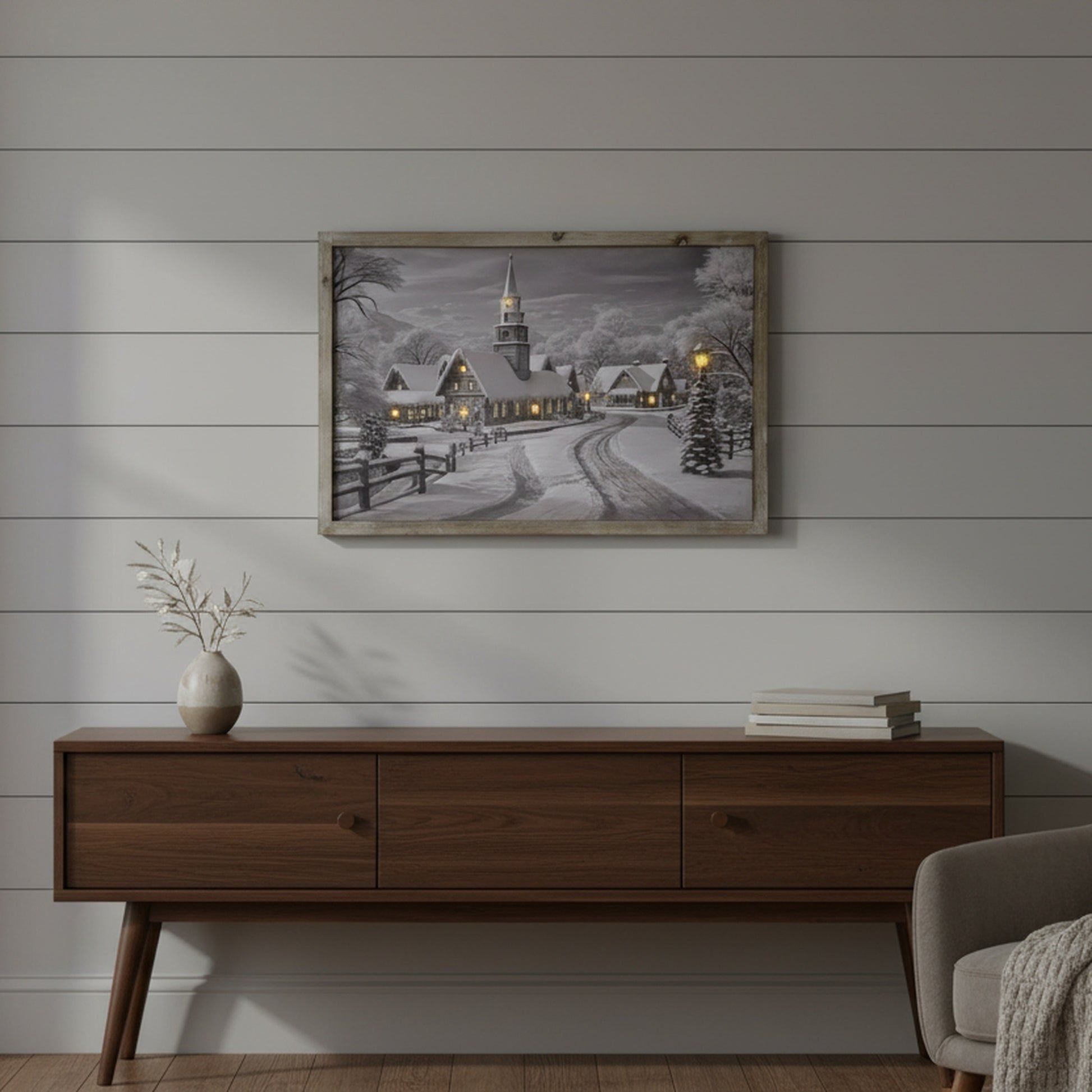 LED Framed Wall Art Snowy Village, Winter, Wall Decor, Holiday Decor