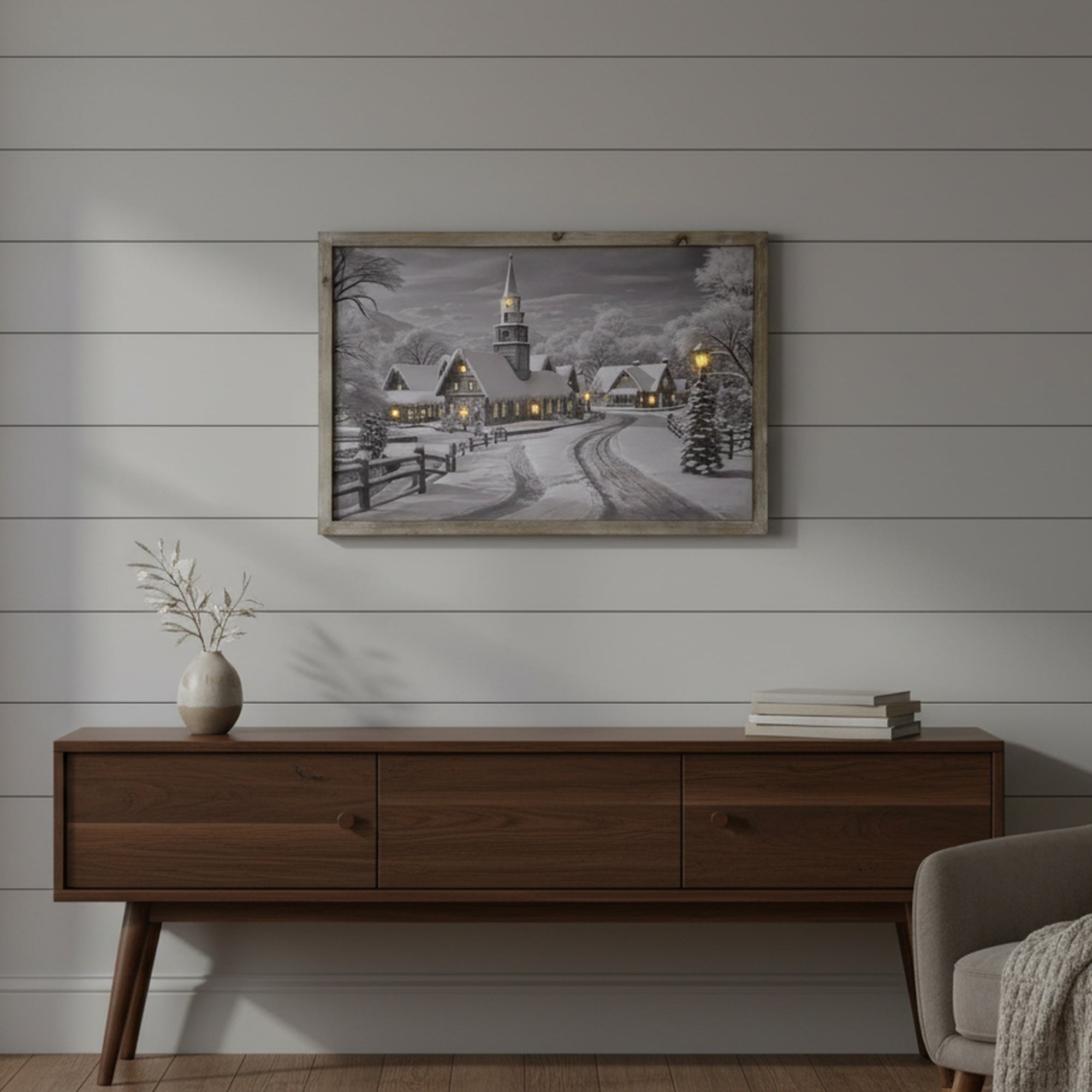 LED Framed Wall Art Snowy Village, Winter, Wall Decor, Holiday Decor