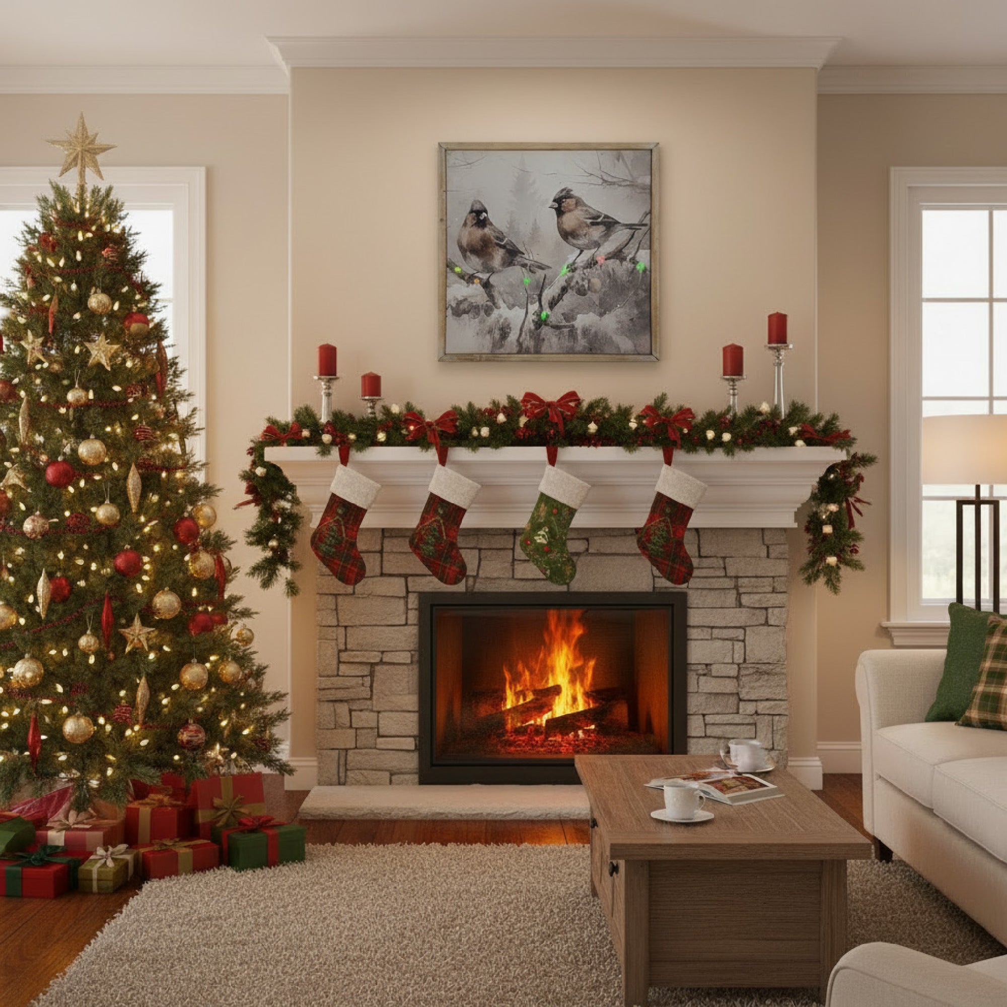 LED Framed Wall Art Birds on Snowy Branch, Winter, Wall Decor, Holiday Decor