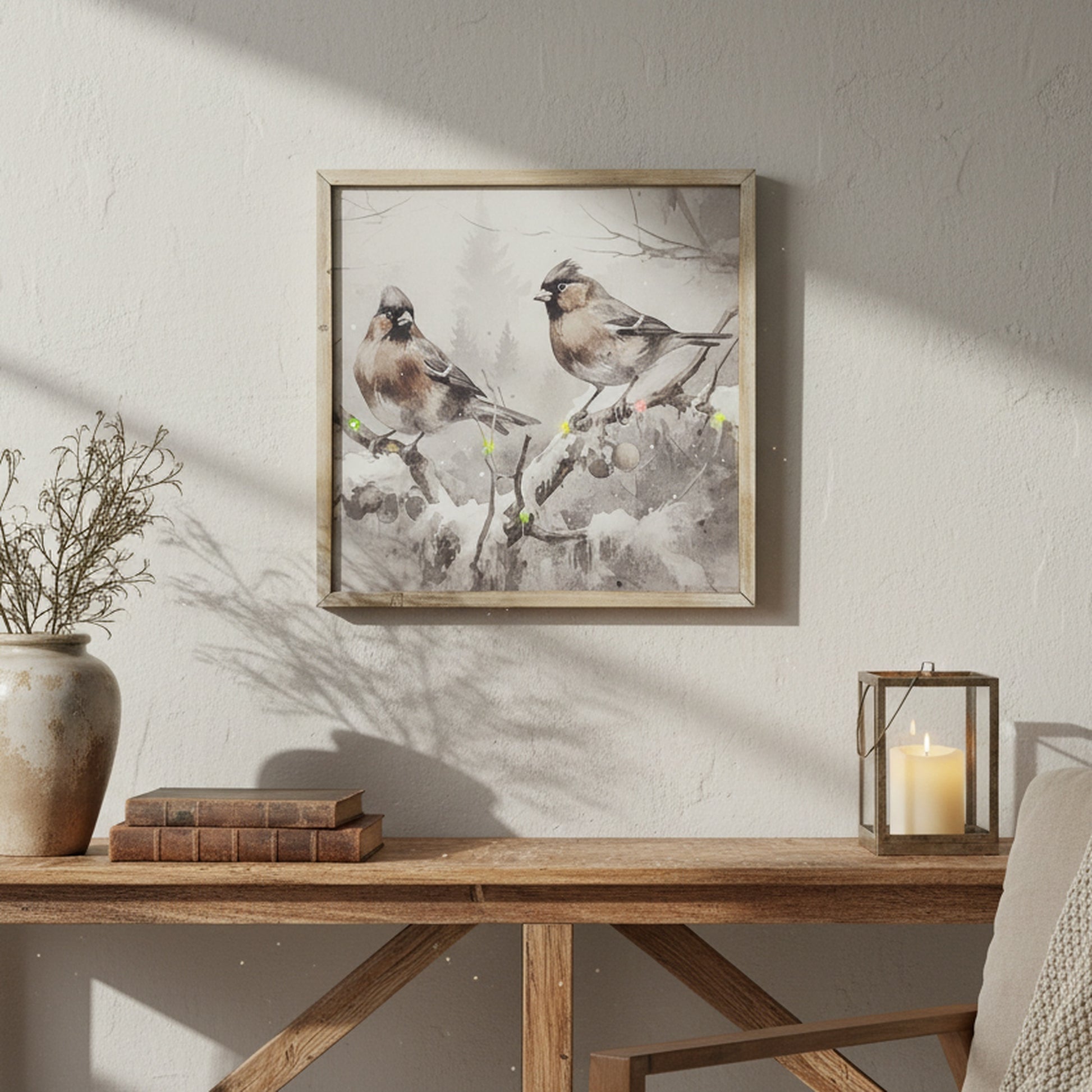 LED Framed Wall Art Birds on Snowy Branch, Winter, Wall Decor, Holiday Decor
