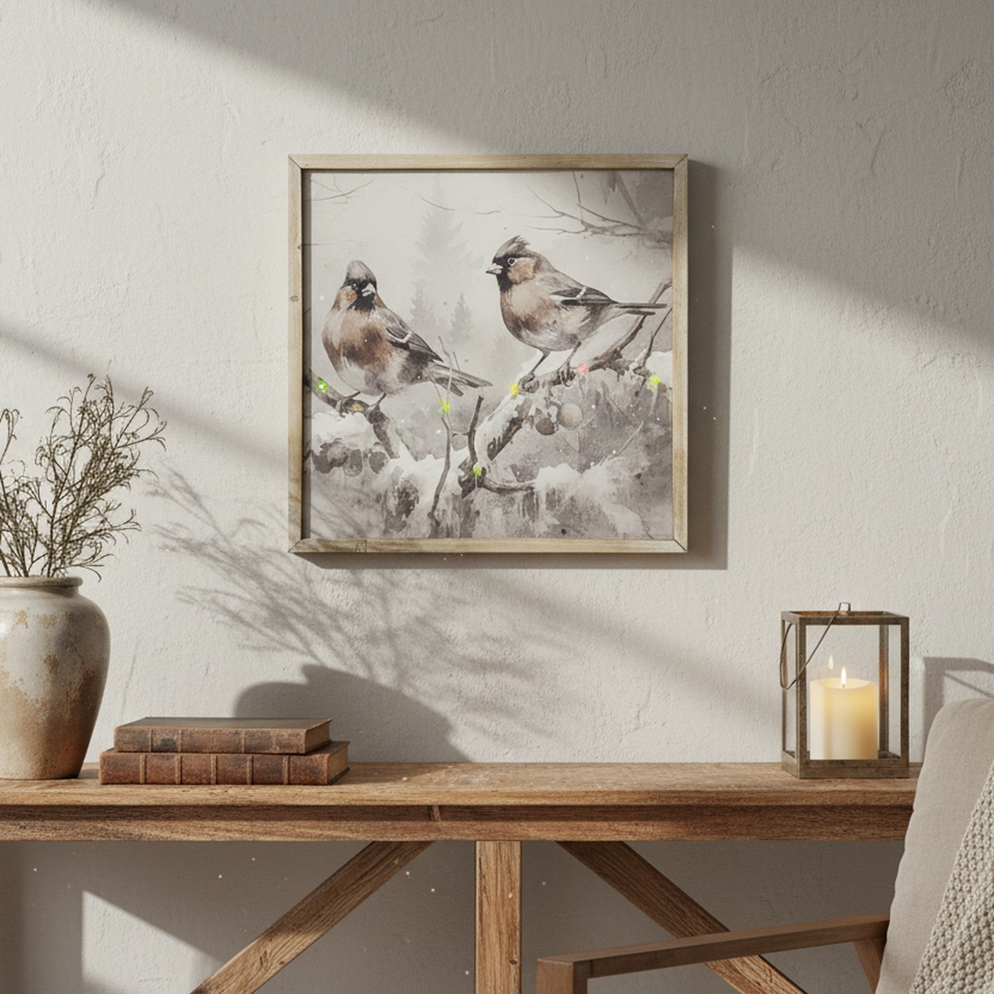 LED Framed Wall Art Birds on Snowy Branch, Winter, Wall Decor, Holiday Decor