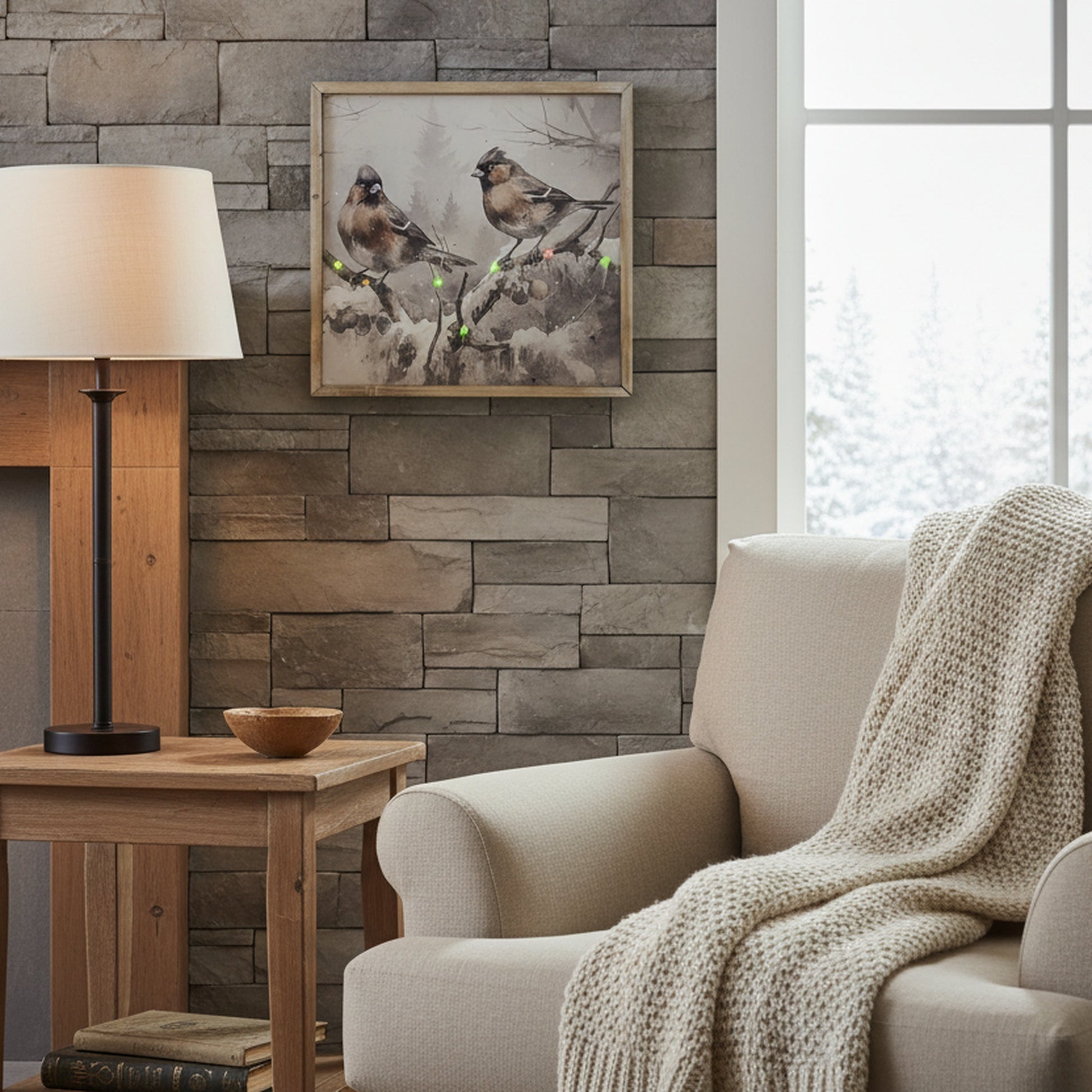 LED Framed Wall Art Birds on Snowy Branch, Winter, Wall Decor, Holiday Decor