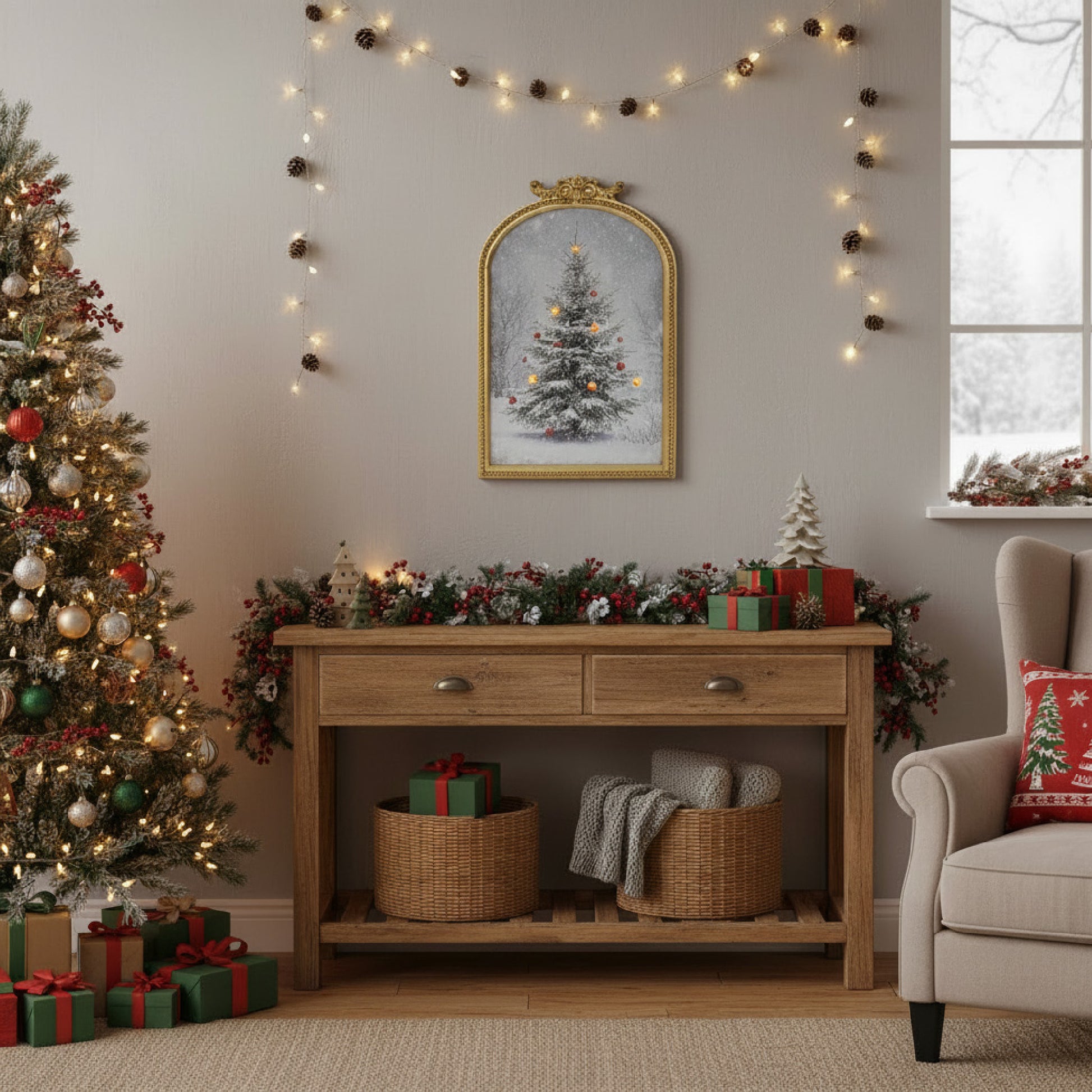 LED Arch Framed Wall Art Snowy Tree with Red Ornaments, Christmas, Wall Decor, Holiday Decor