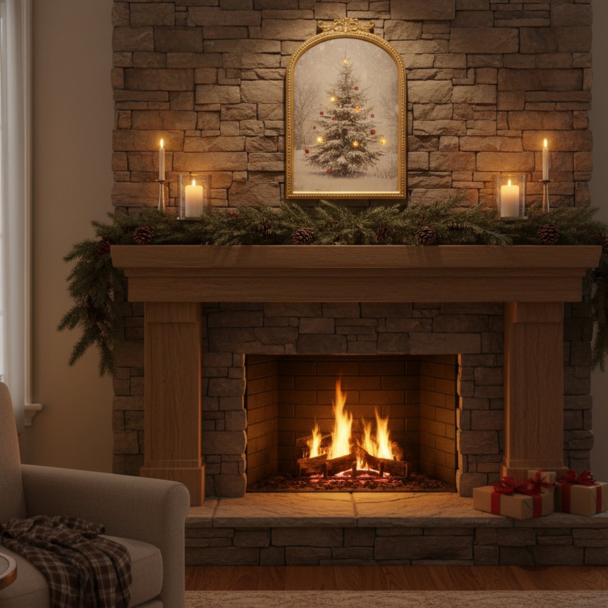 LED Arch Framed Wall Art Snowy Tree with Red Ornaments, Christmas, Wall Decor, Holiday Decor