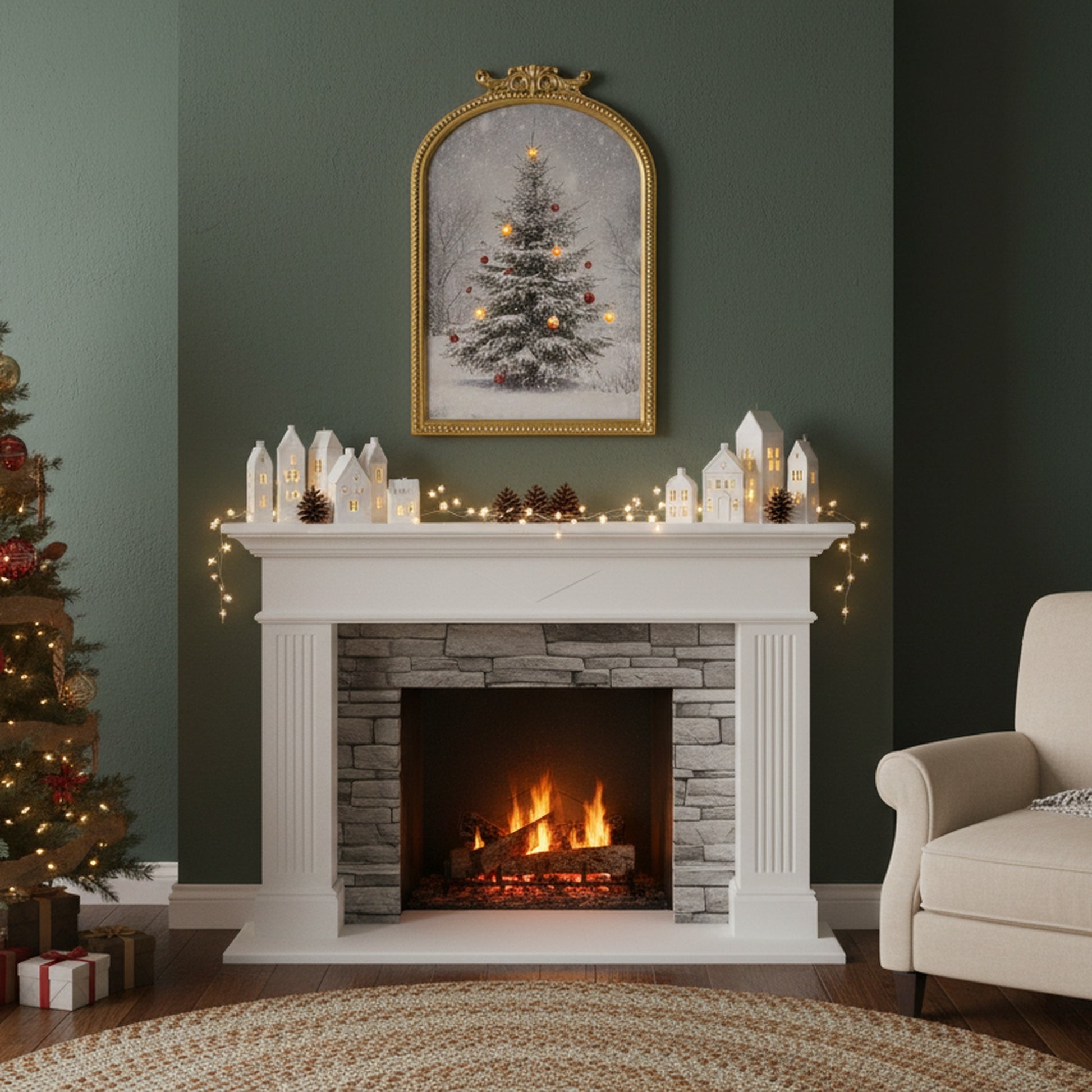 LED Arch Framed Wall Art Snowy Tree with Red Ornaments, Christmas, Wall Decor, Holiday Decor