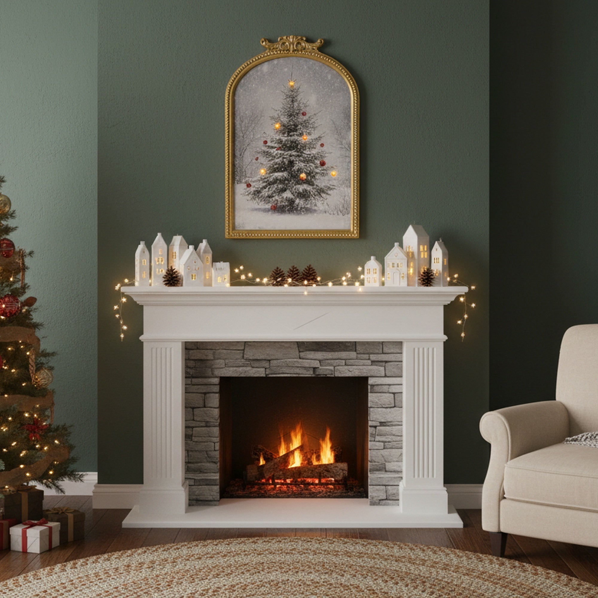 LED Arch Framed Wall Art Snowy Tree with Red Ornaments, Christmas, Wall Decor, Holiday Decor