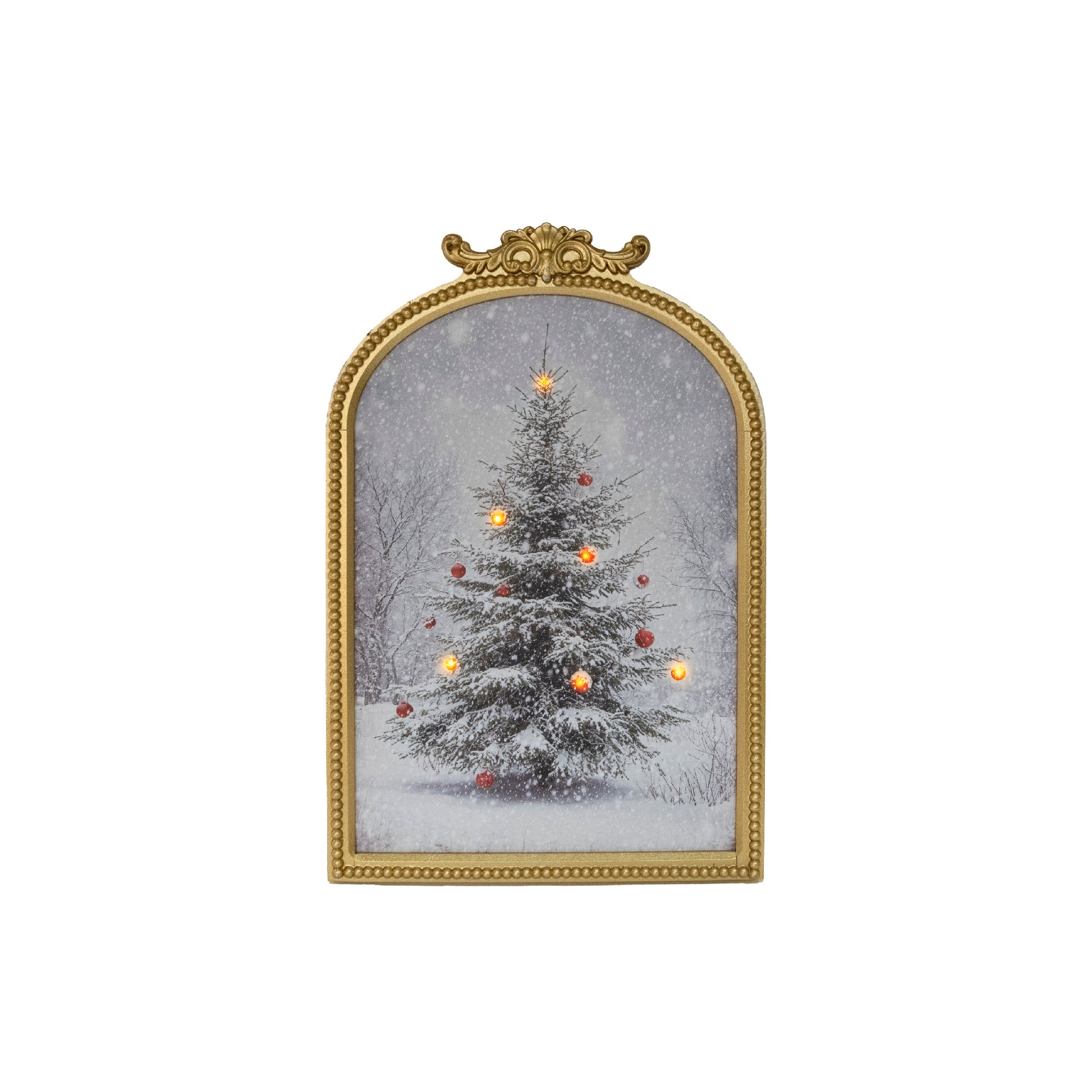 LED Arch Framed Wall Art Snowy Tree with Red Ornaments, Christmas, Wall Decor, Holiday Decor