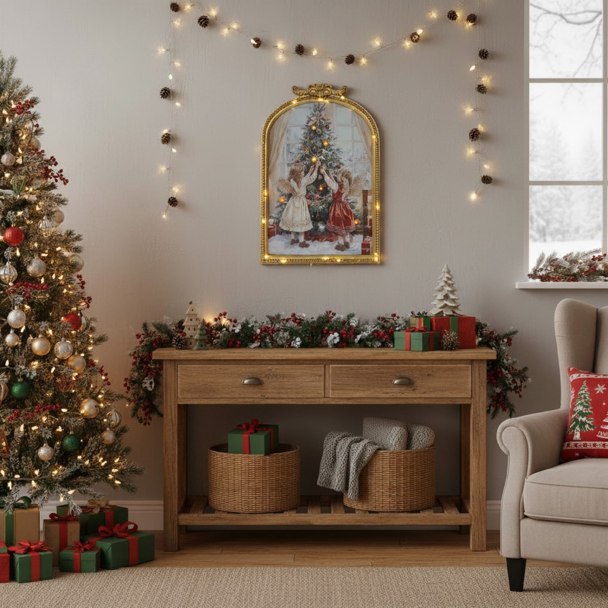 LED Arch Framed Wall Art Little Angels with Tree, Wall Decor, Holiday Decor