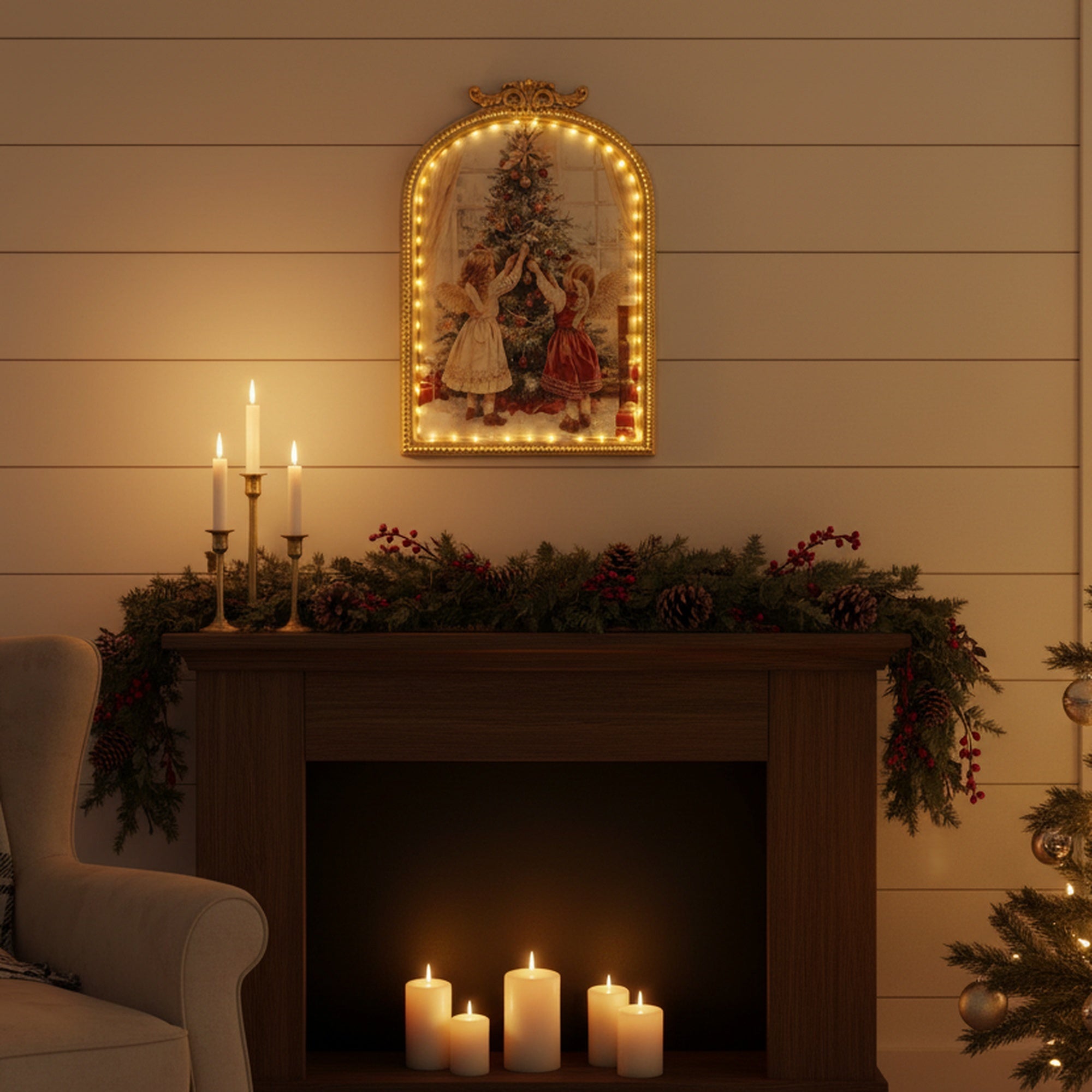 LED Arch Framed Wall Art Little Angels with Tree, Wall Decor, Holiday Decor