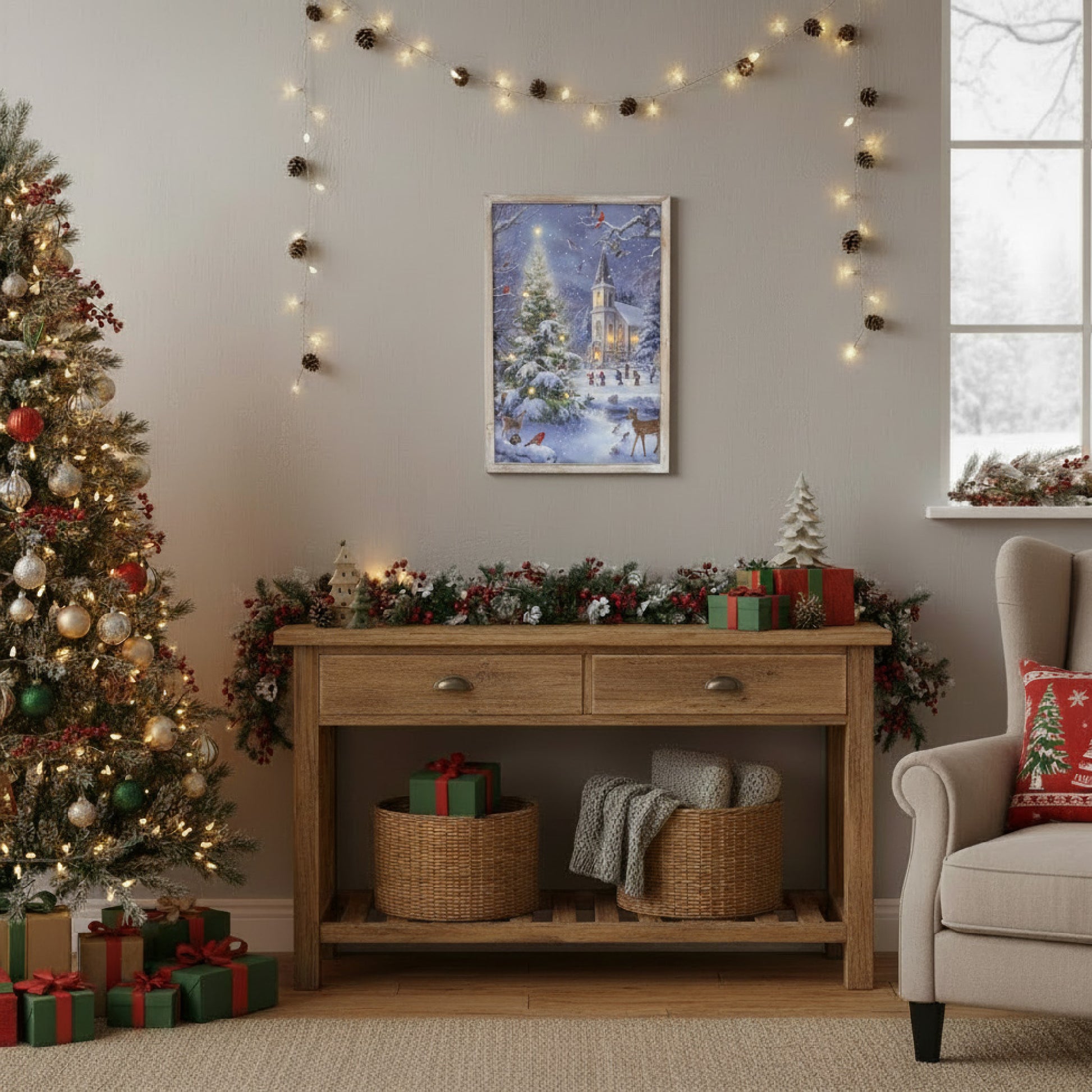 LED Framed Wall Art Church in Winter Village, Winter, Wall Decor, Holiday Decor
