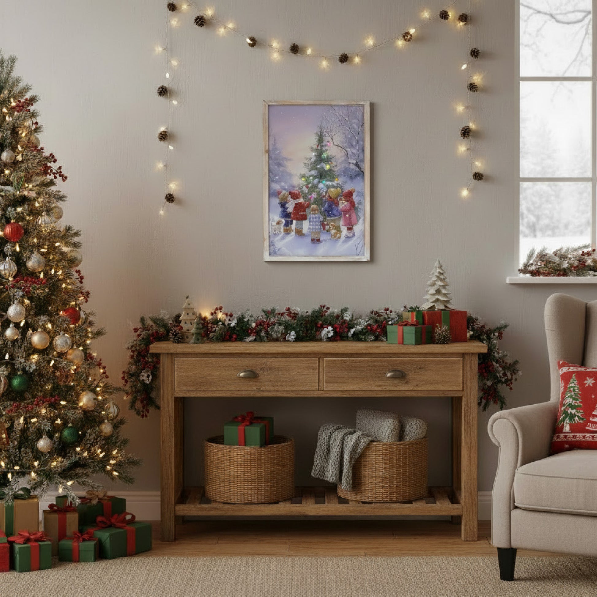 LED Framed Wall Art Children with Snowy Tree, Winter, Wall Decor, Holiday Decor
