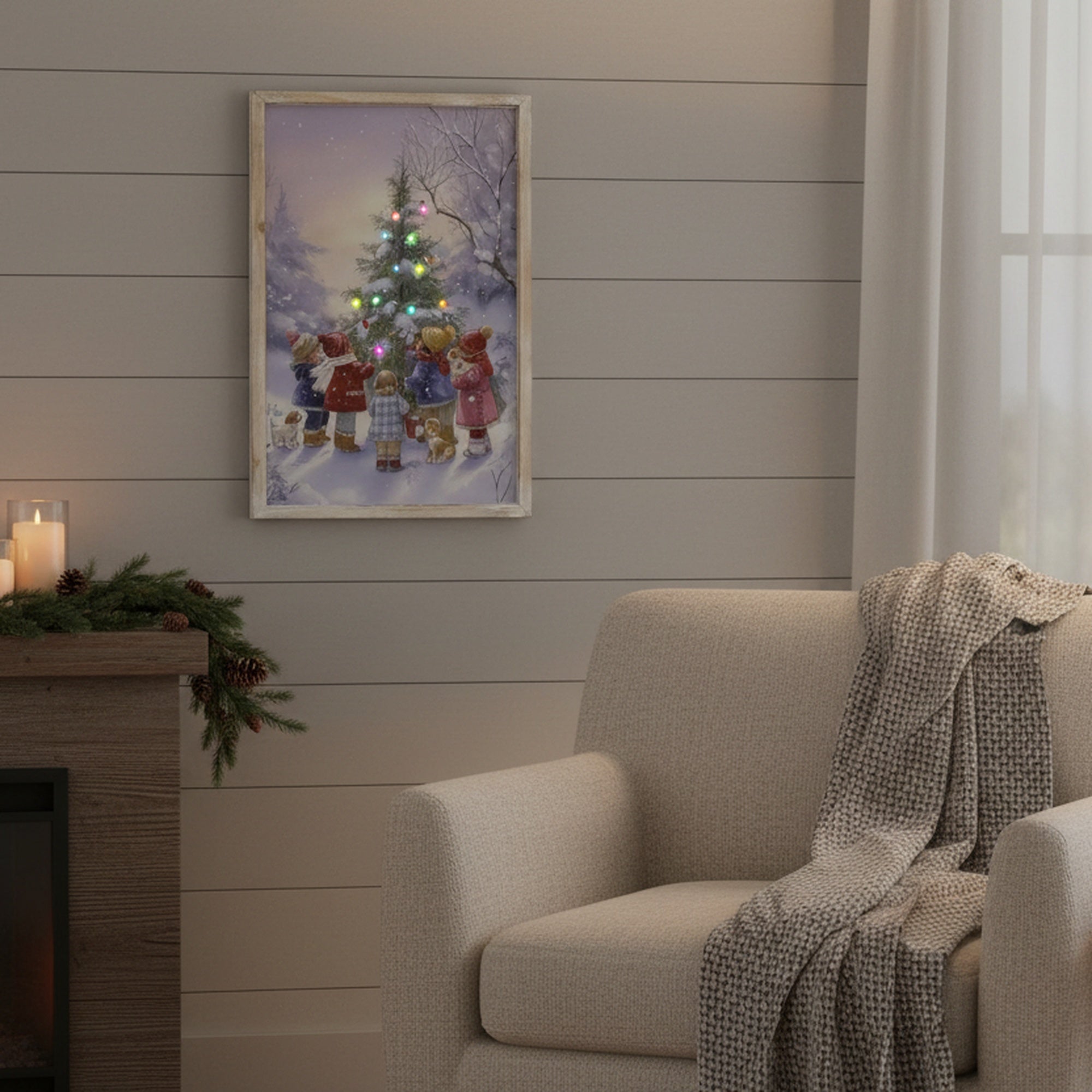 LED Framed Wall Art Children with Snowy Tree, Winter, Wall Decor, Holiday Decor