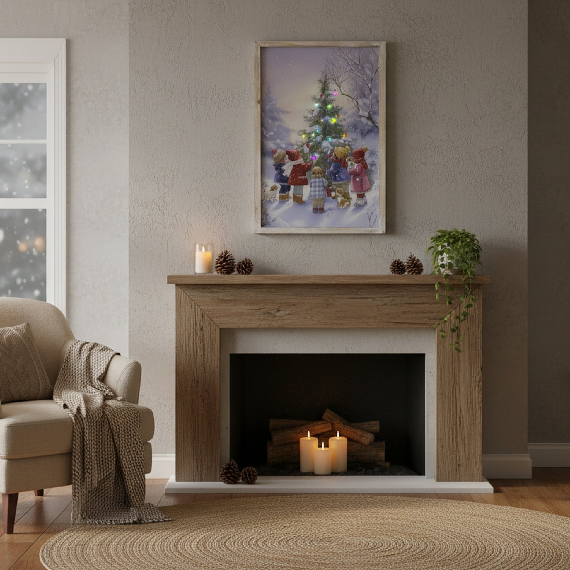 LED Framed Wall Art Children with Snowy Tree, Winter, Wall Decor, Holiday Decor