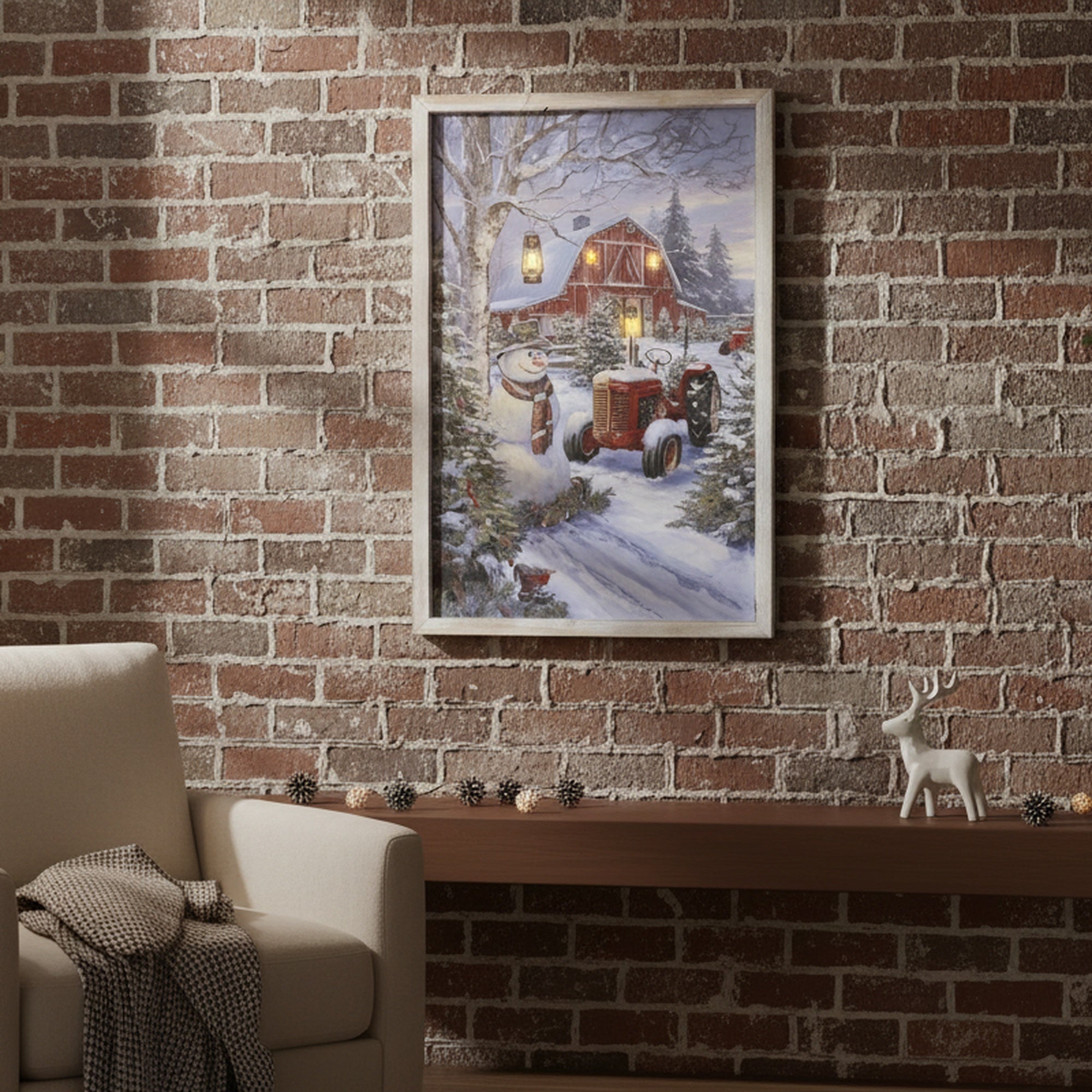 LED Framed Wall Art Red Barn and Tractor, Wall Decor, Holiday Decor