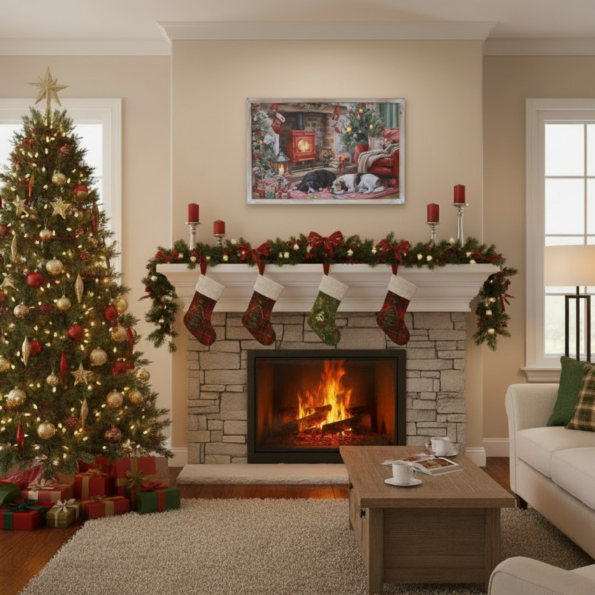 LED Framed Wall Art Dogs by the Fireplace, Wall Decor, Holiday Decor