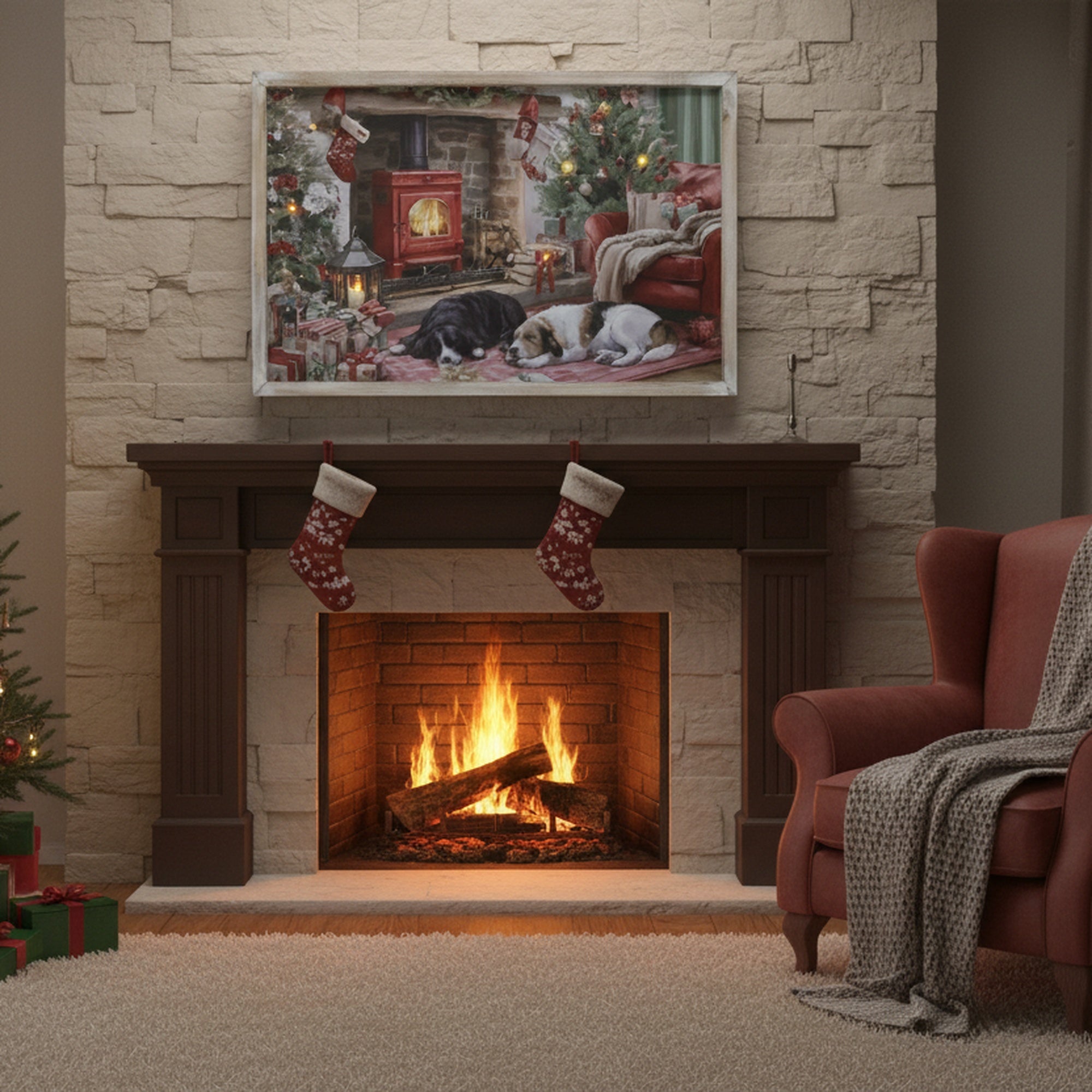 LED Framed Wall Art Dogs by the Fireplace, Wall Decor, Holiday Decor