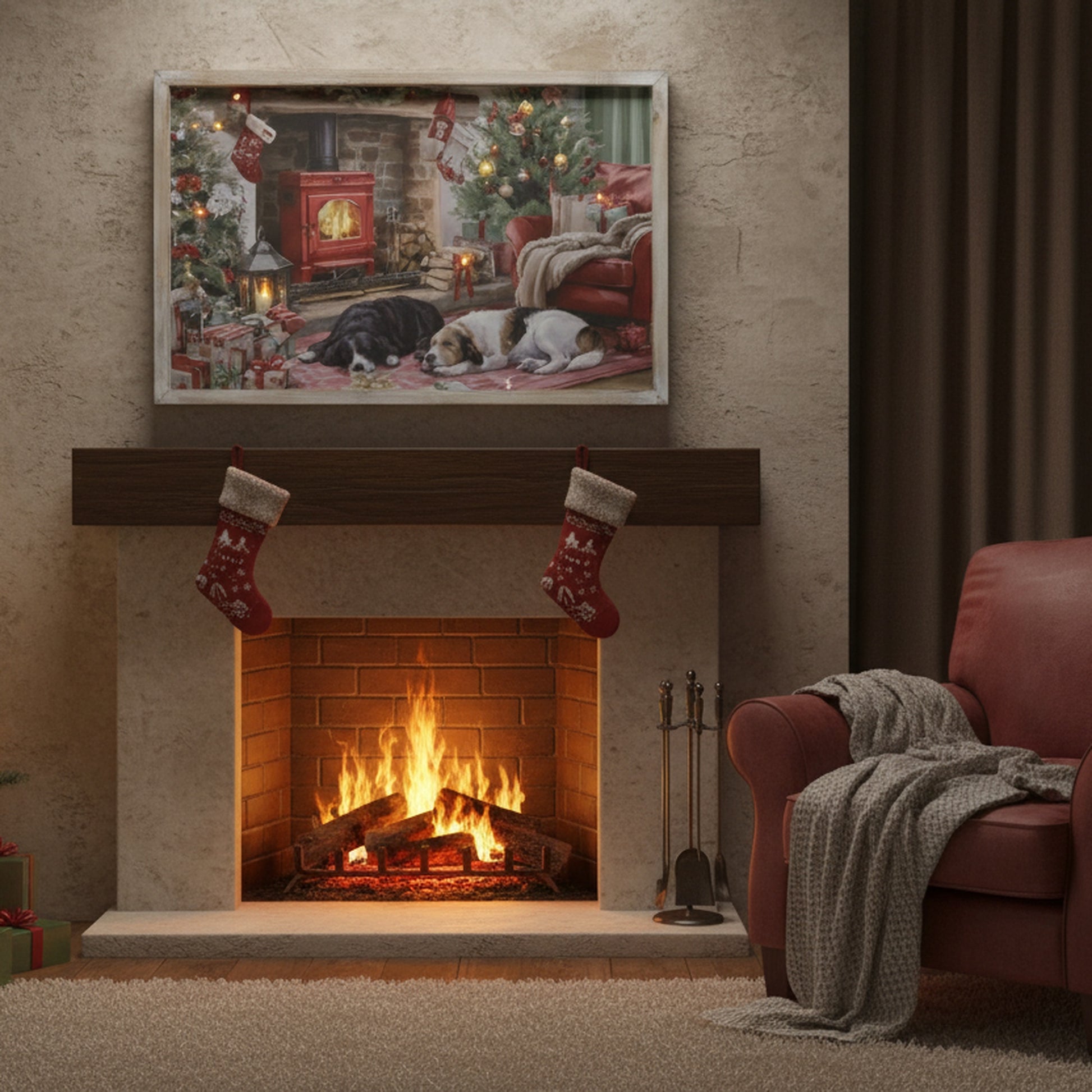 LED Framed Wall Art Dogs by the Fireplace, Wall Decor, Holiday Decor