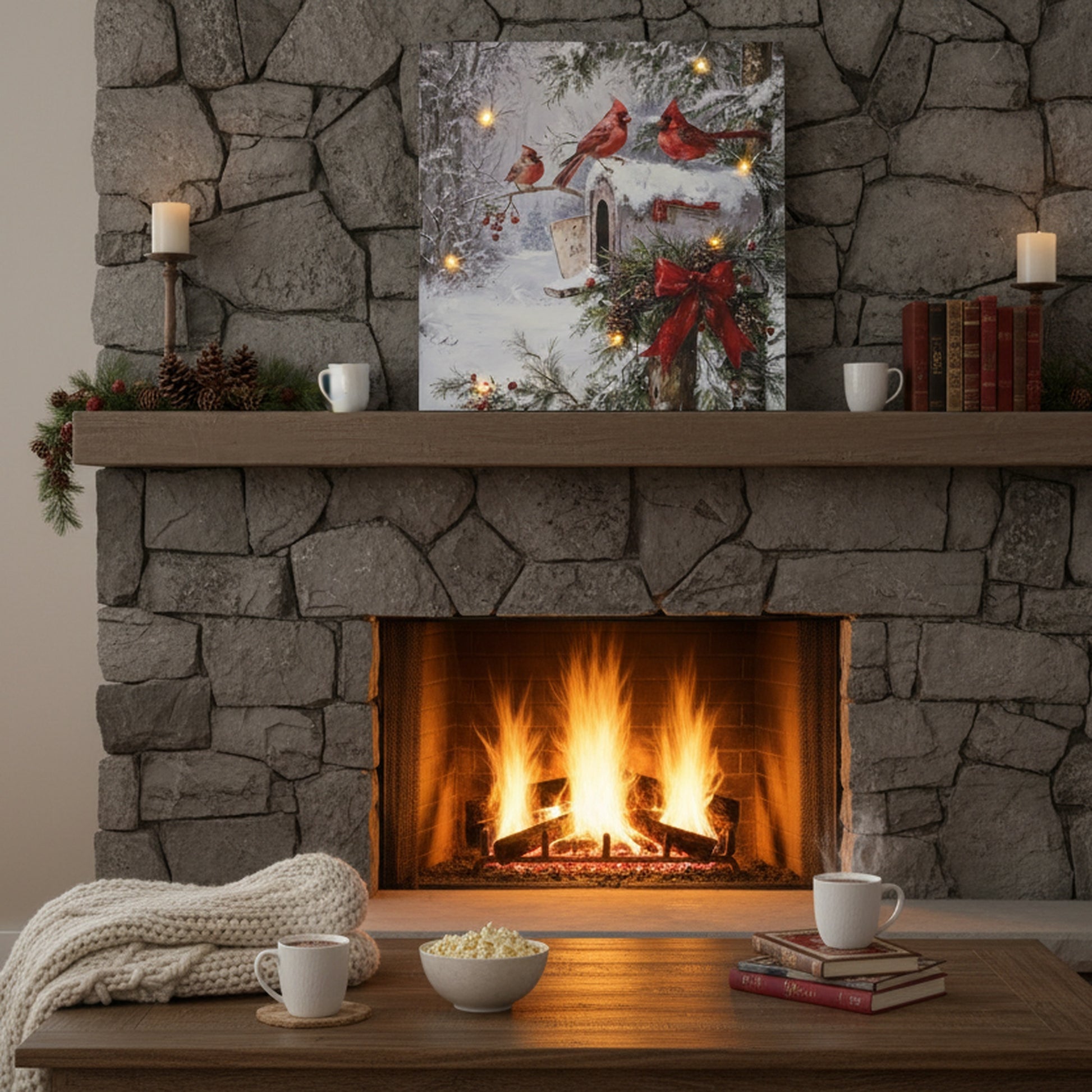 LED Canvas Wall Art Three Cardinals on Mailbox, Wall Decor, Holiday Decor