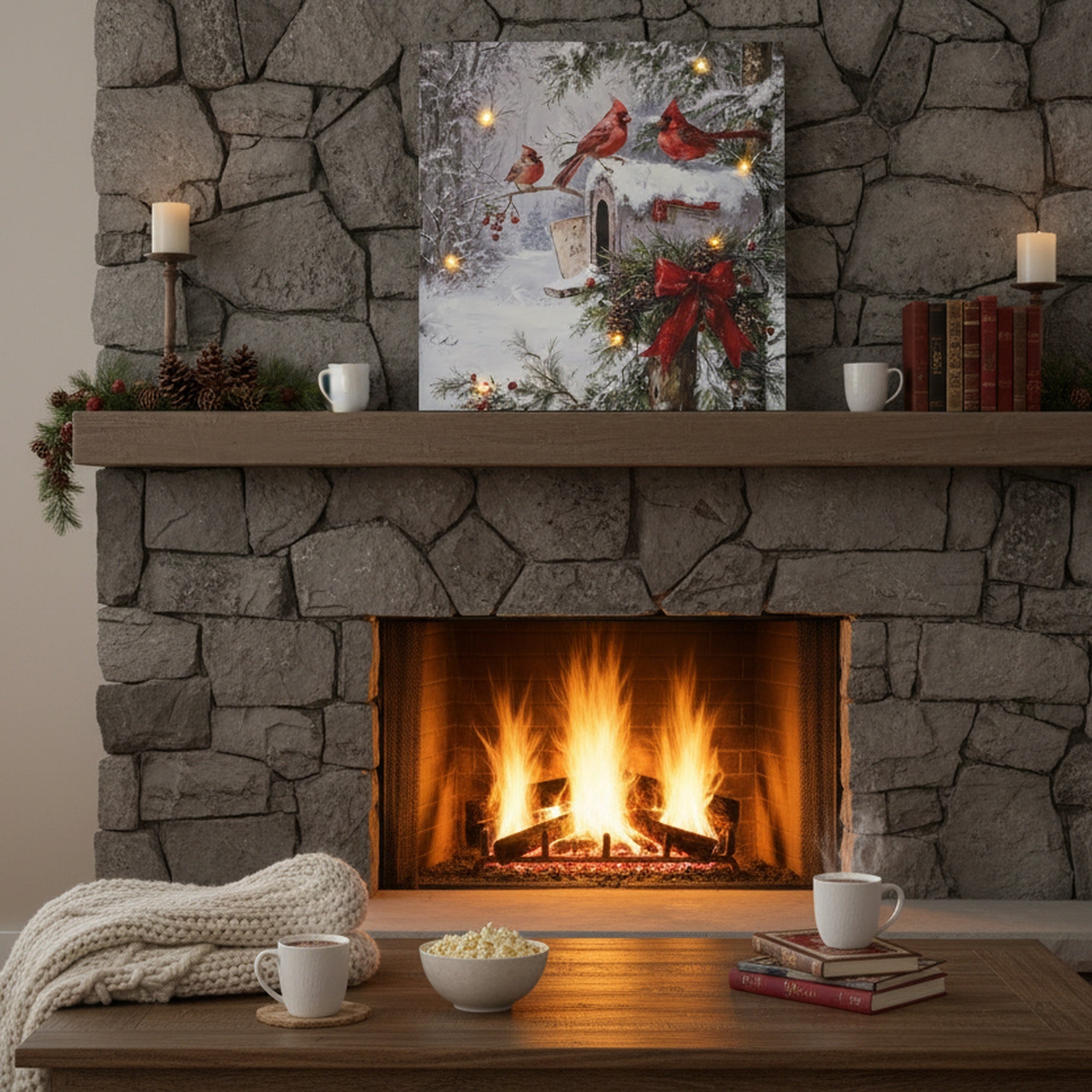 LED Canvas Wall Art Three Cardinals on Mailbox, Wall Decor, Holiday Decor