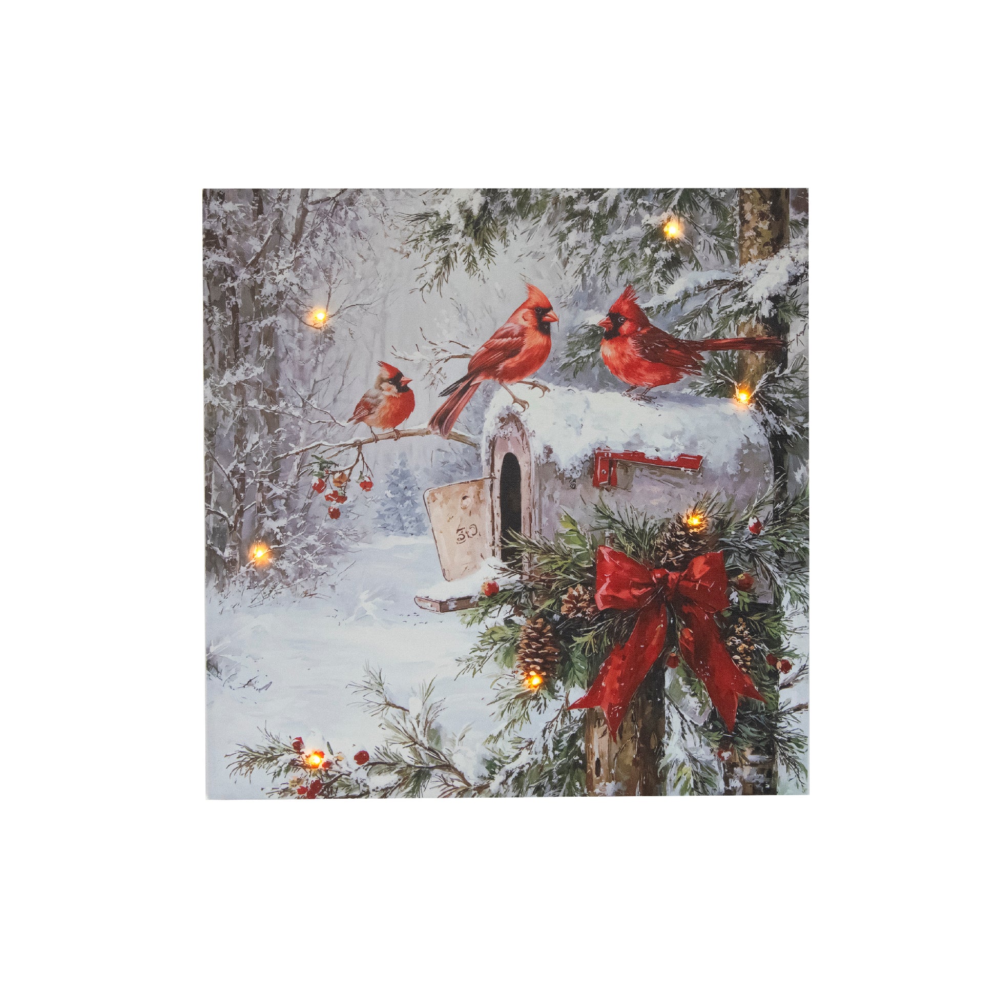 LED Canvas Wall Art Three Cardinals on Mailbox, Wall Decor, Holiday Decor