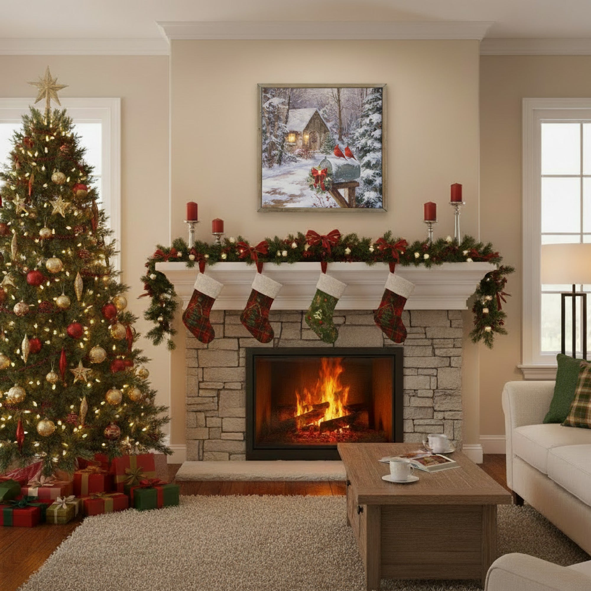 LED Canvas Wall Art Snowy Cottage with Cardinals, Winter, Wall Decor, Holiday Decor