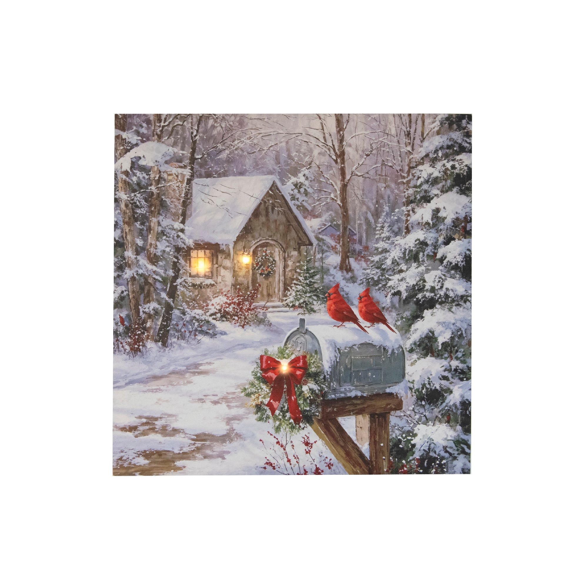 LED Canvas Wall Art Snowy Cottage with Cardinals, Winter, Wall Decor, Holiday Decor