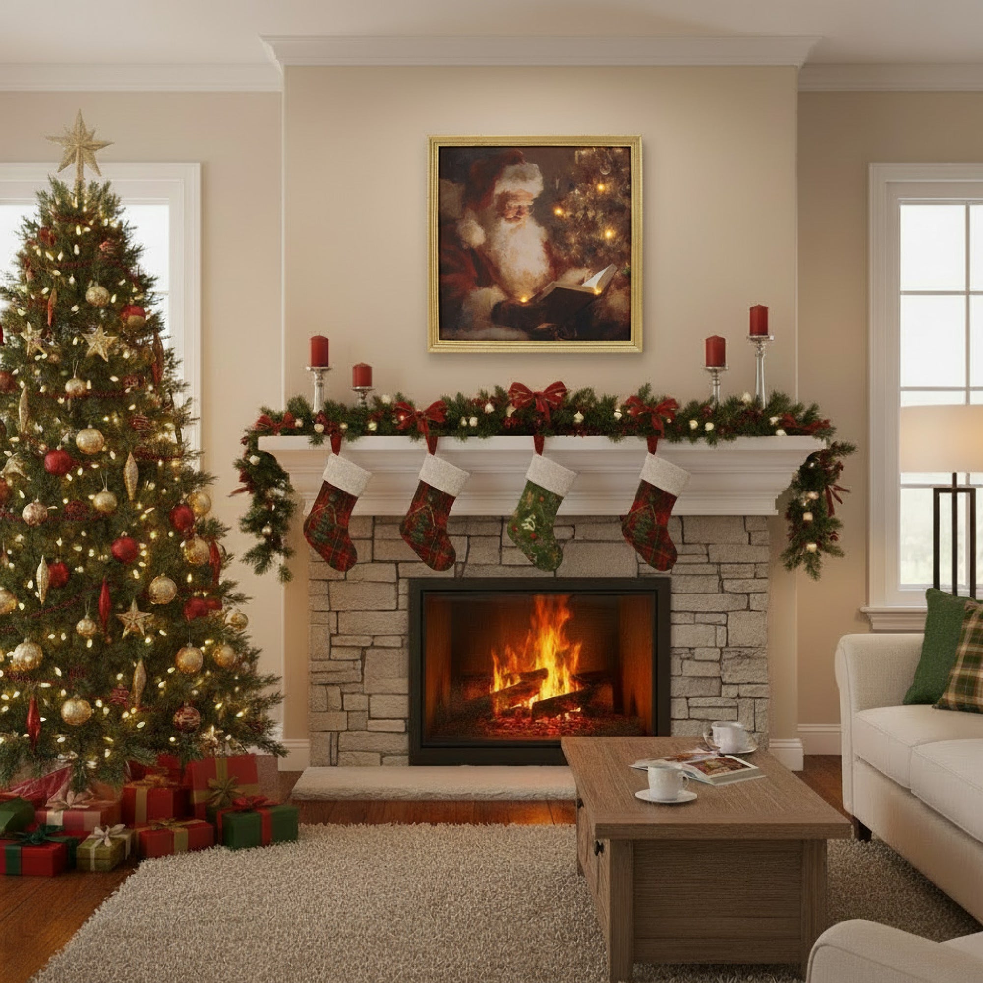 LED Gold Framed Wall Art Reading Santa, Christmas, Wall Decor, Holiday Decor