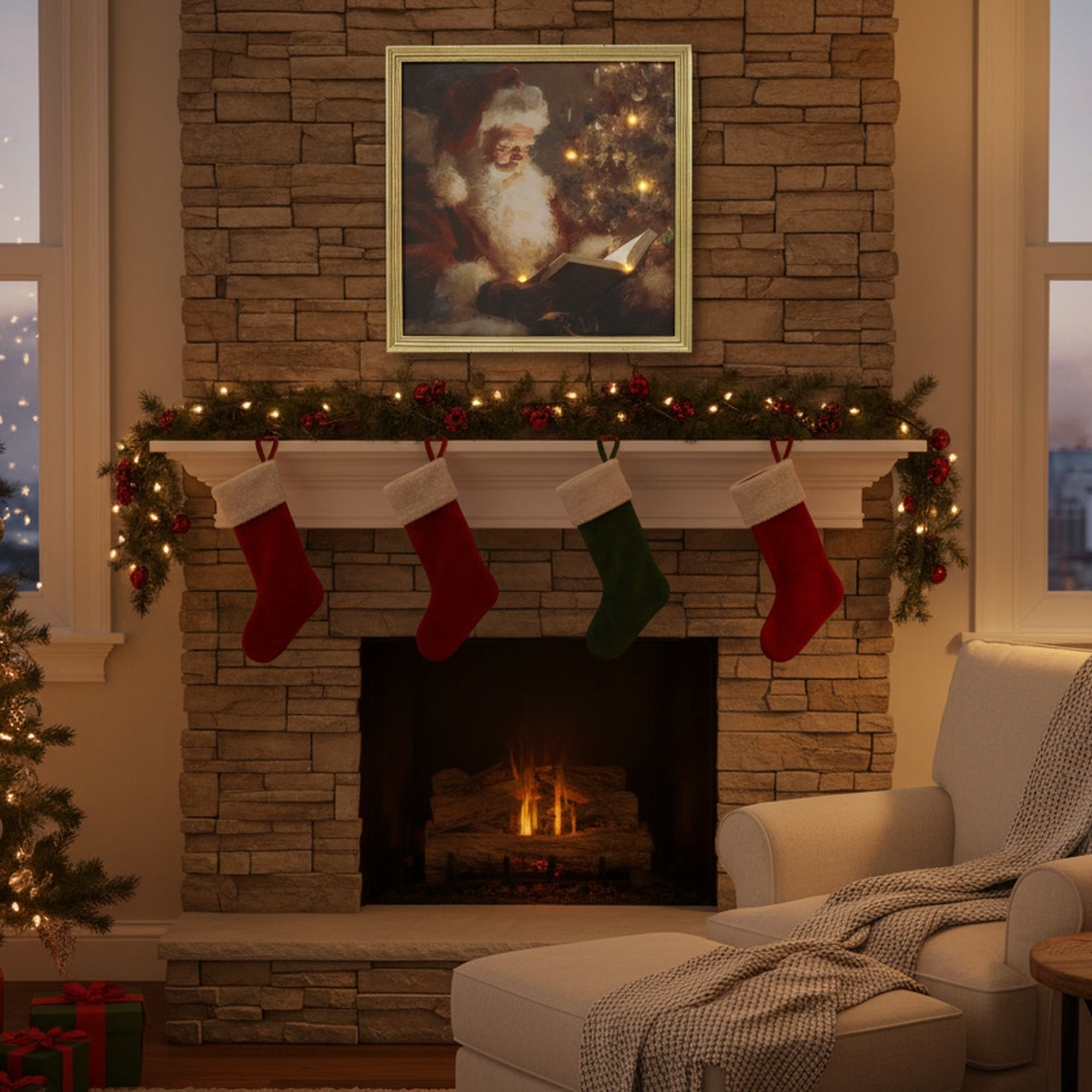 LED Gold Framed Wall Art Reading Santa, Christmas, Wall Decor, Holiday Decor
