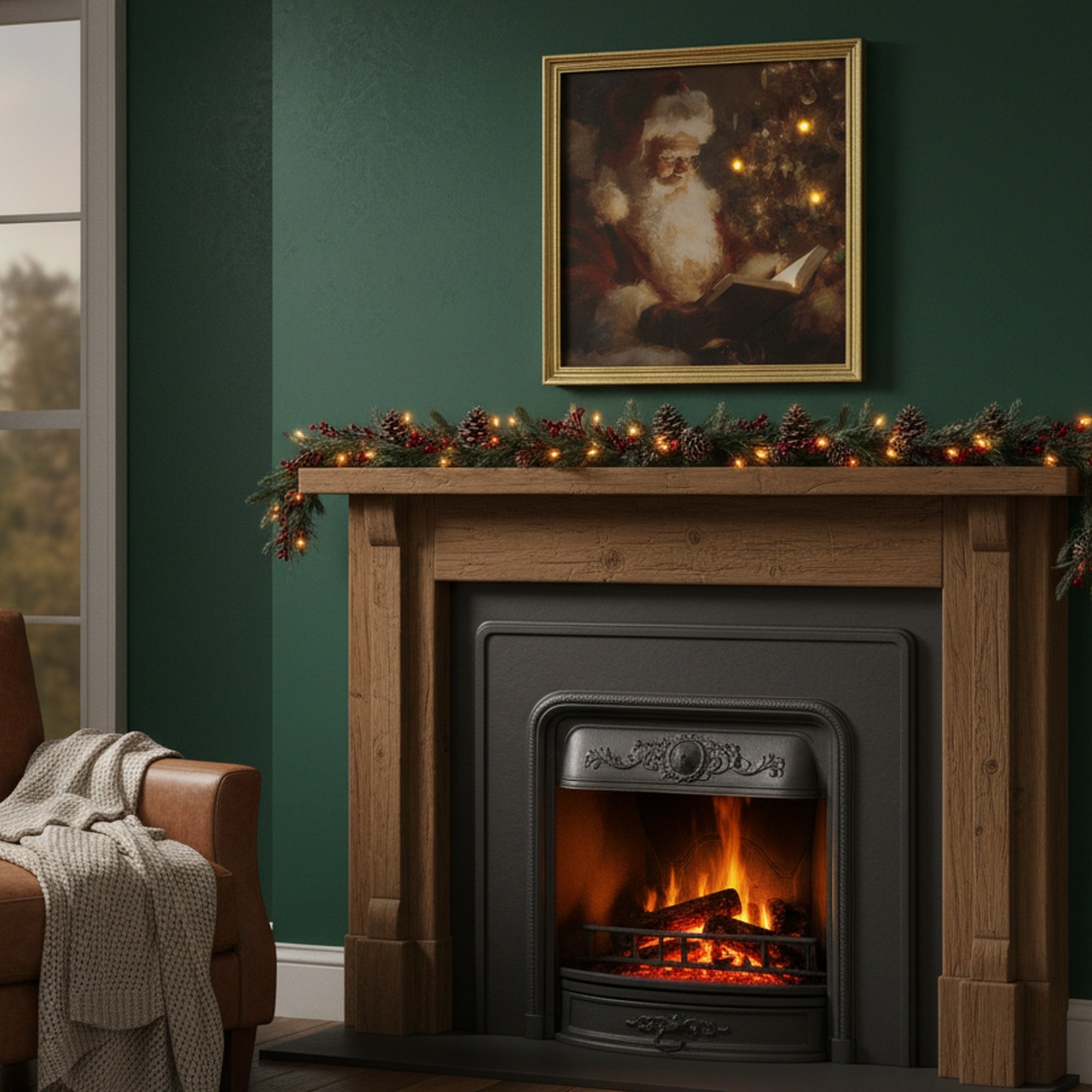 LED Gold Framed Wall Art Reading Santa, Christmas, Wall Decor, Holiday Decor