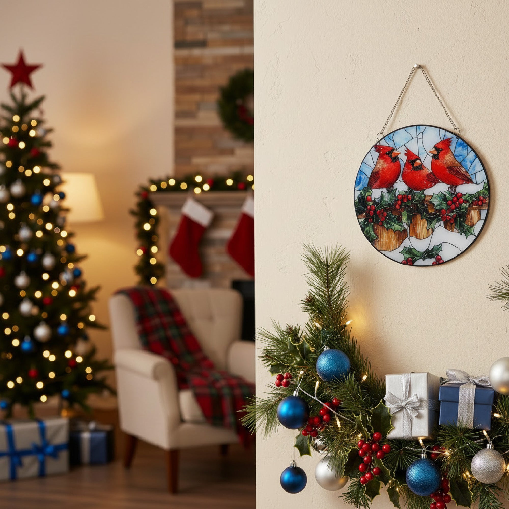 Round Acrylic Hanger Triple Cardinal, Christmas, Holiday Decor