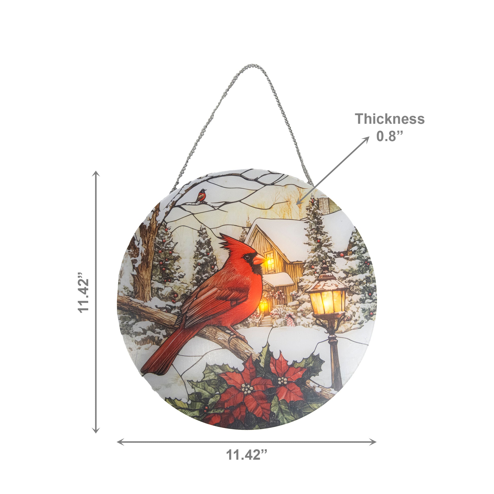 LED Round Acrylic Hanger Cardinal on Branch, Christmas, Holiday Decor