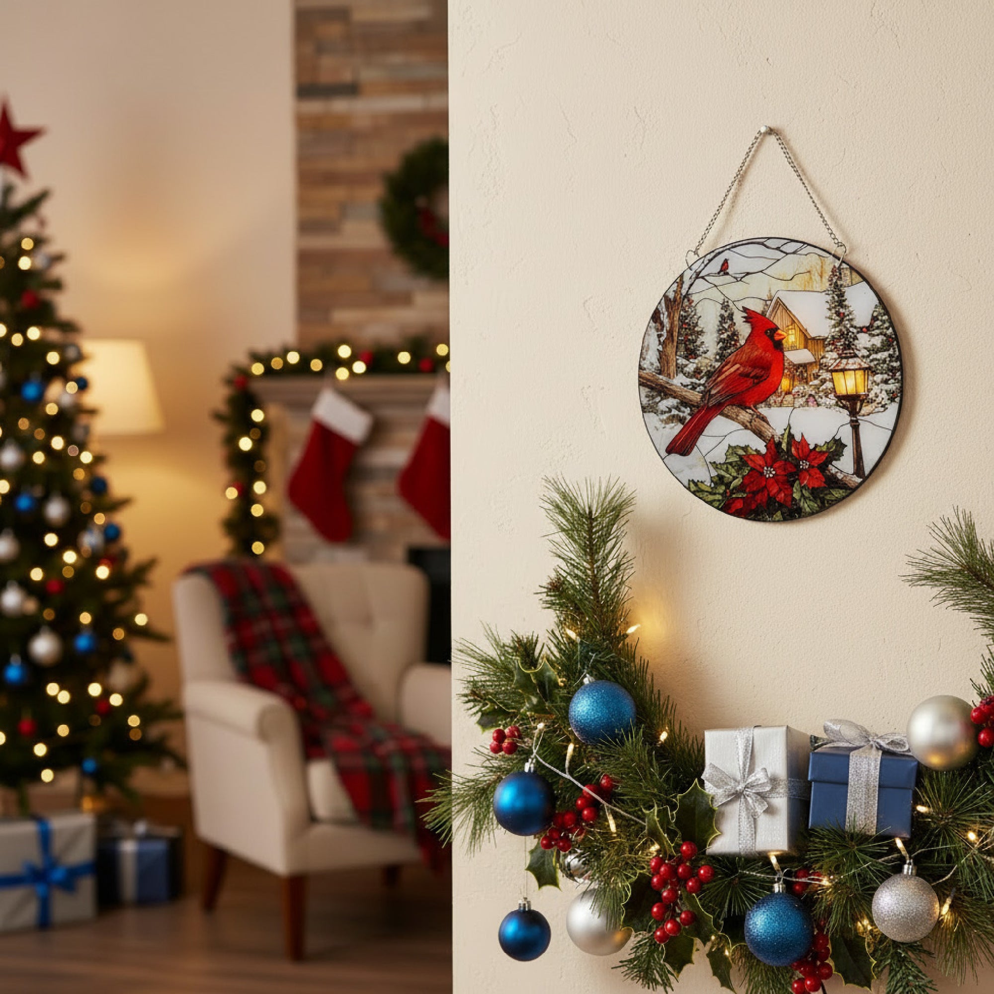 LED Round Acrylic Hanger Cardinal on Branch, Christmas, Holiday Decor