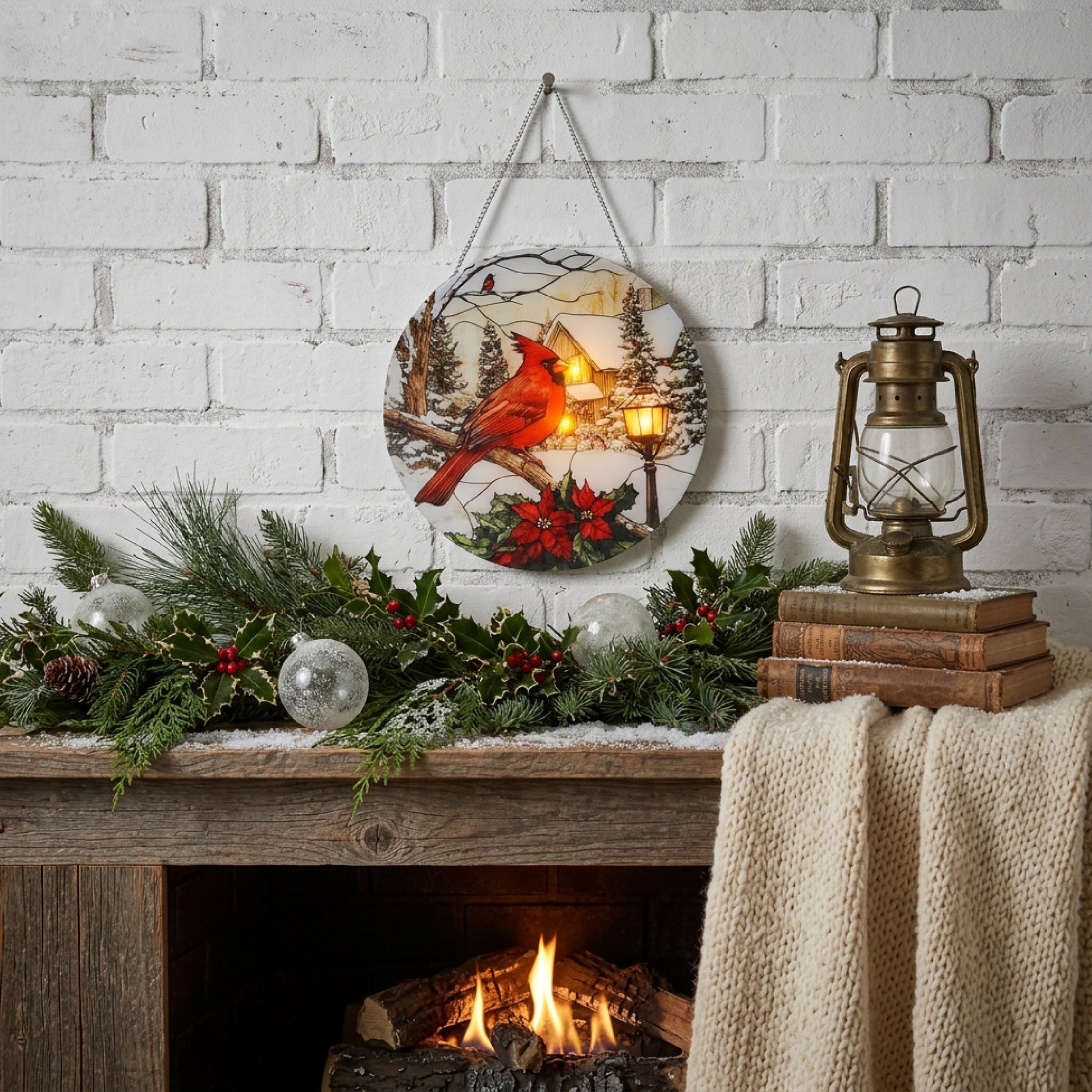 LED Round Acrylic Hanger Cardinal on Branch, Christmas, Holiday Decor