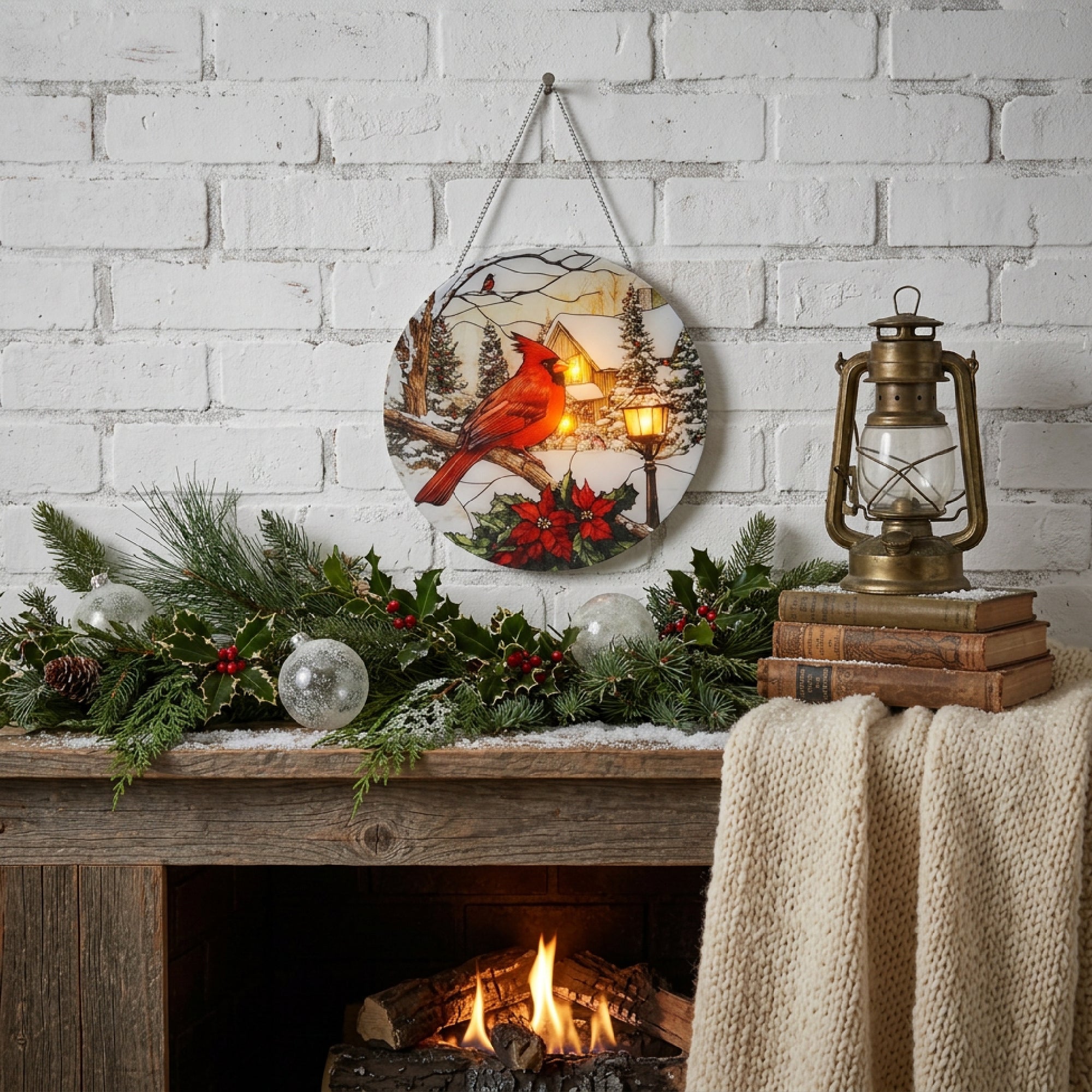 LED Round Acrylic Hanger Cardinal on Branch, Christmas, Holiday Decor