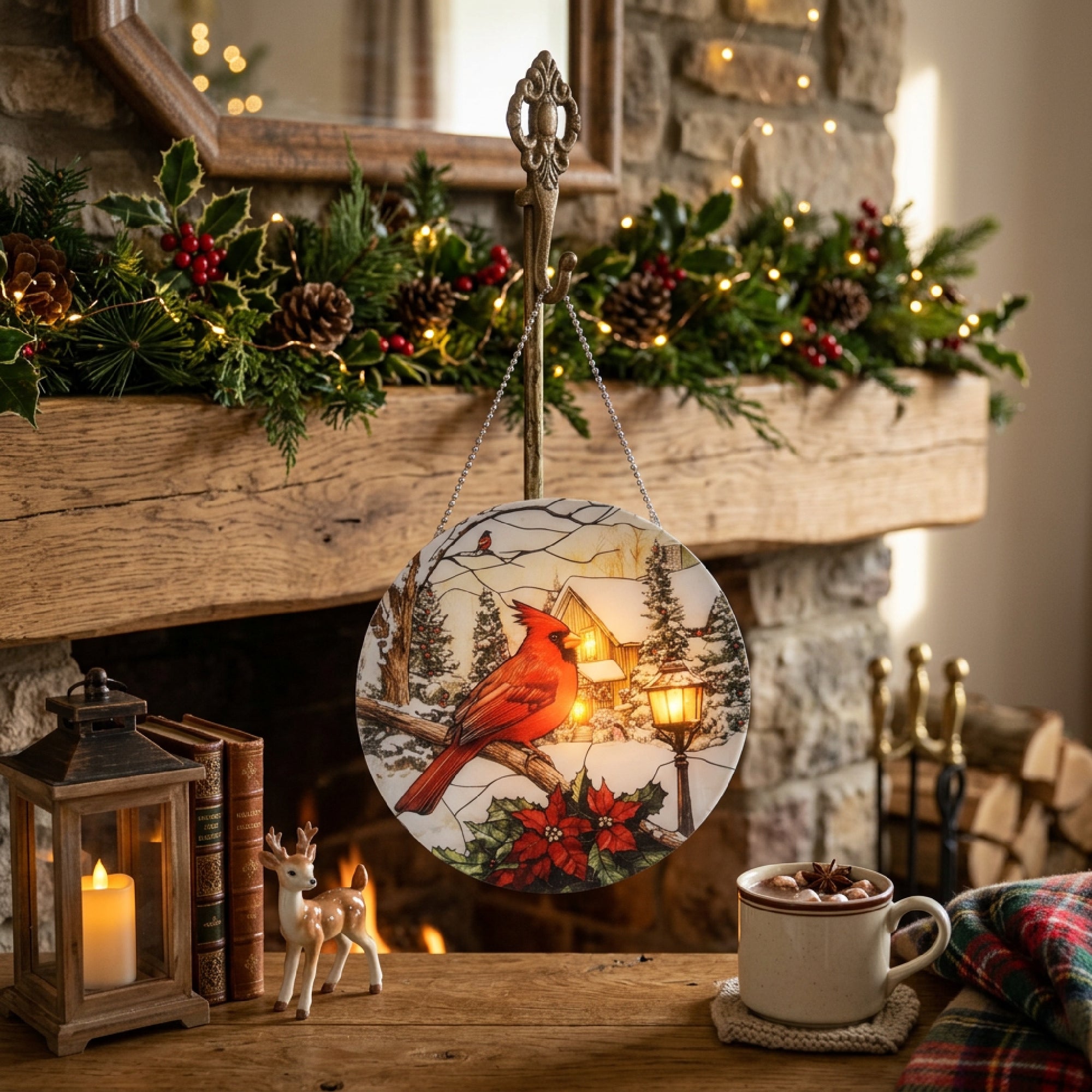 LED Round Acrylic Hanger Cardinal on Branch, Christmas, Holiday Decor