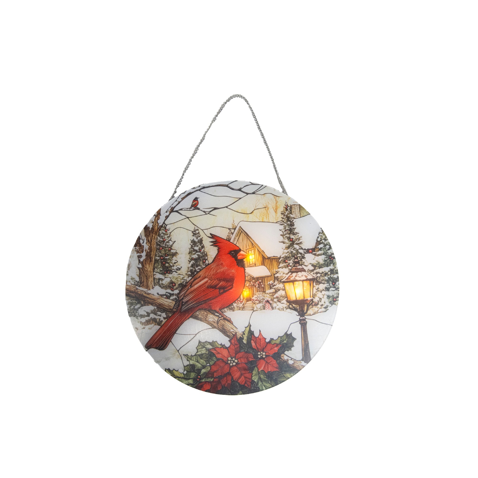 LED Round Acrylic Hanger Cardinal on Branch, Christmas, Holiday Decor