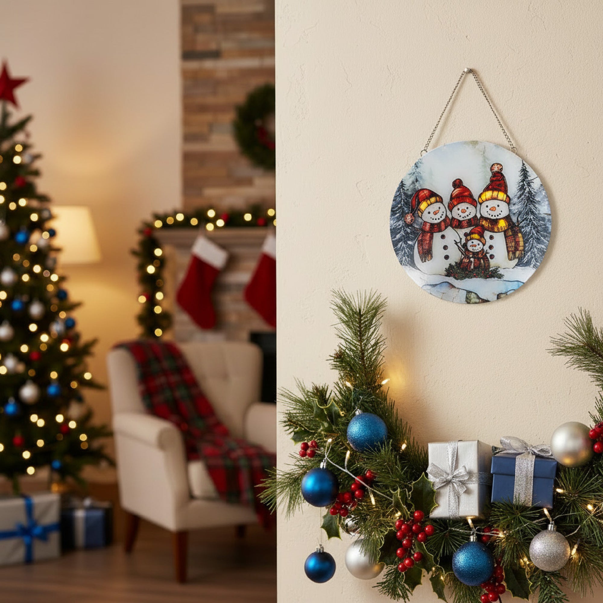 LED Round Acrylic Hanger Snowman Family, Christmas, Holiday Decor