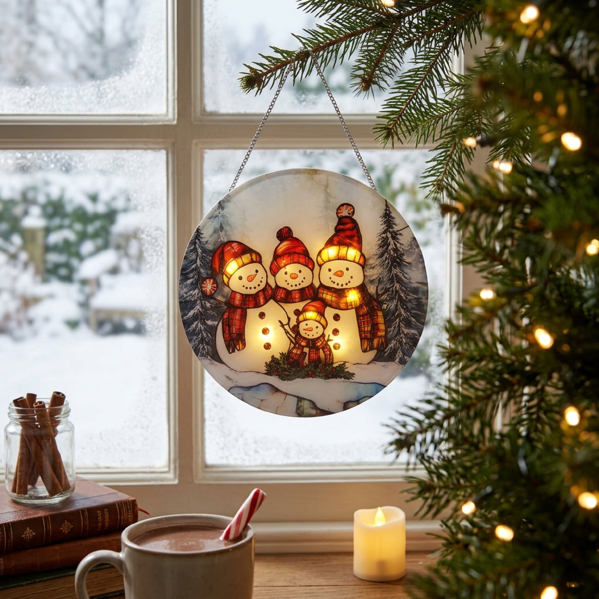 LED Round Acrylic Hanger Snowman Family, Christmas, Holiday Decor
