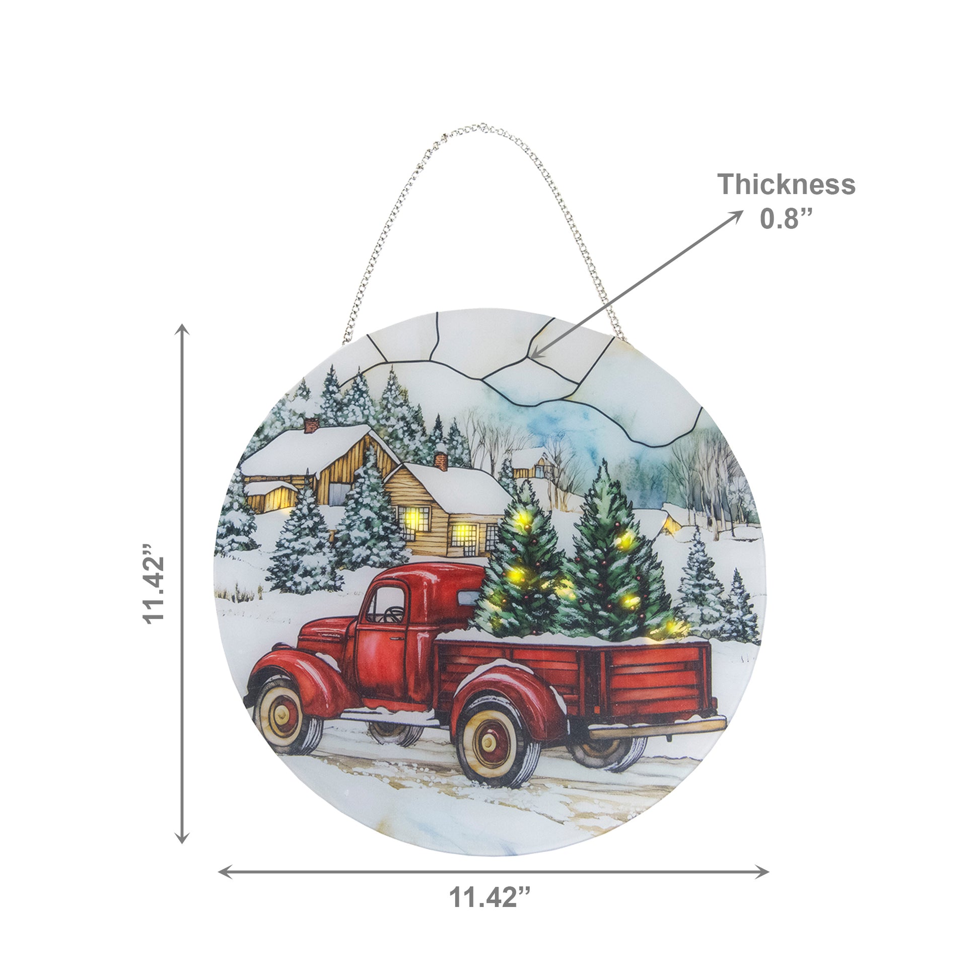 LED Round Acrylic Hanger Red Truck with Tree, Holiday Decor
